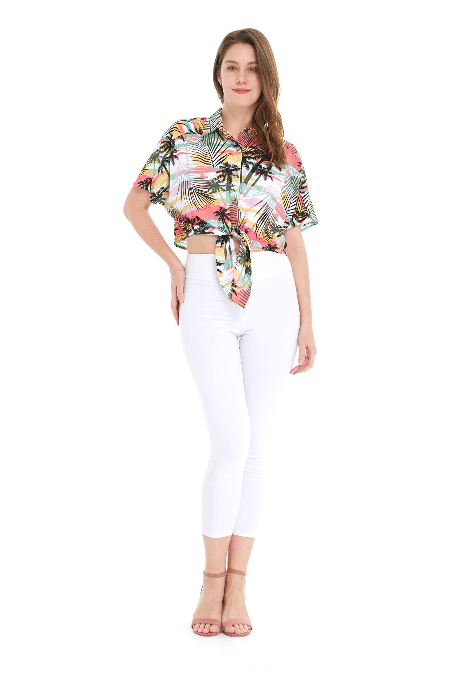 Women's Hawaiian Aloha Shirt - Floral Print Tie Front Crop Top for Summer Beach Vacation, Sunset Colors, Casual Boho Outfit