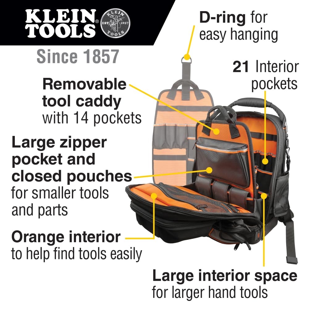 Klein Tools 55485 Professional Electrician Tool Backpack - Heavy Duty 48-Pocket Organizer with Waterproof Bottom & Removable Tool Carrier - Perfect for Construction, HVAC Work & Home DIY Projects