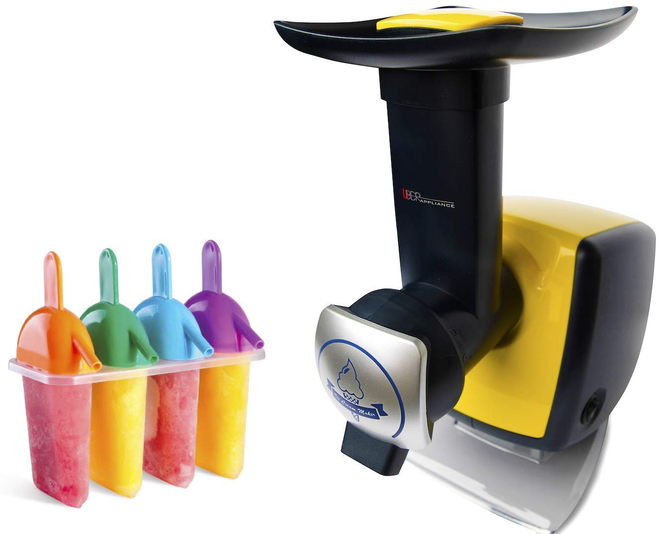Uber Appliance Automatic Frozen Yogurt & Sorbet Maker Machine - Healthy Homemade Soft Serve Ice Cream, Sherbet, Fruit Dessert Maker with 4 Popsicle Molds & Recipe Book (Yellow) - Perfect for Parties, Family Treats & Summer Refreshments