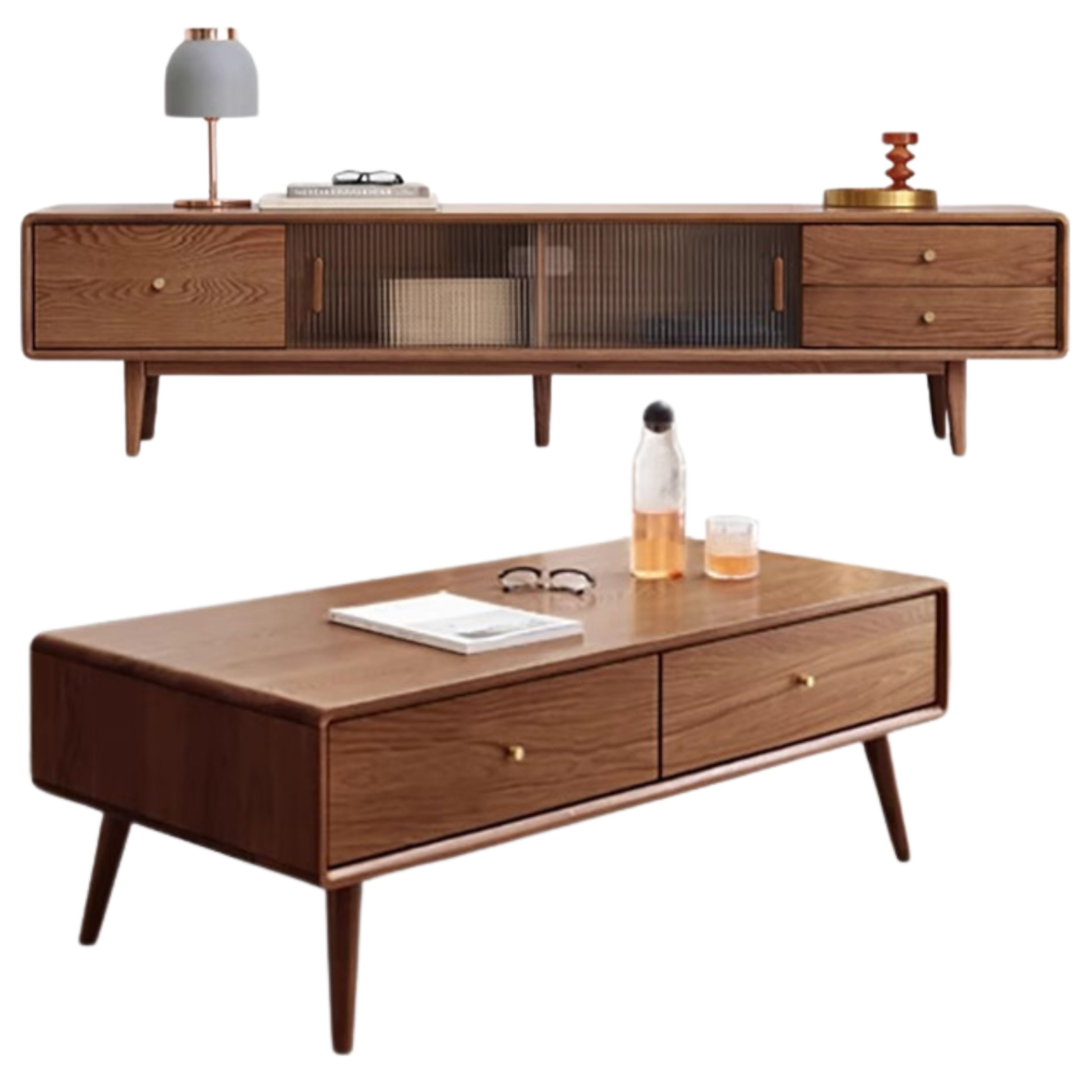 86.6x13.8x17.7 inch / 220x35x45сm / Walnut Color/Oak sliding door three drawer without light+1.35m coffee table WORLDWIDE SHIPPING 5-6 WEEKS