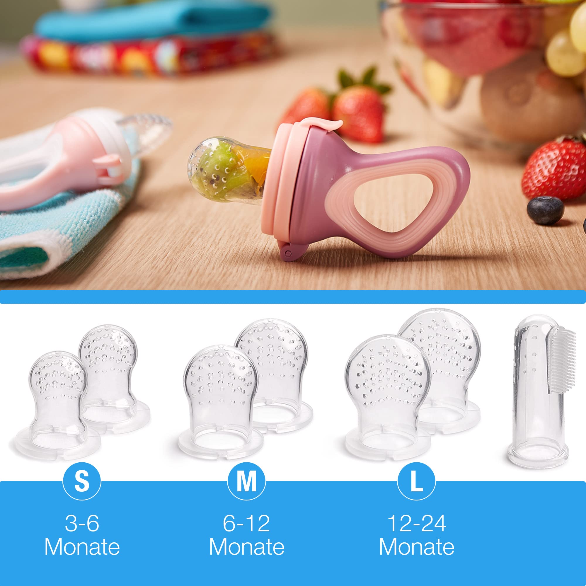 2 Pack Baby Fruit Feeders with 6 Replacement Teats (3 Sizes) - BPA-Free Hygienic Silicone for Infants & Toddlers - Perfect for Purees, Vegetables, Teething Relief & On-the-Go Feeding