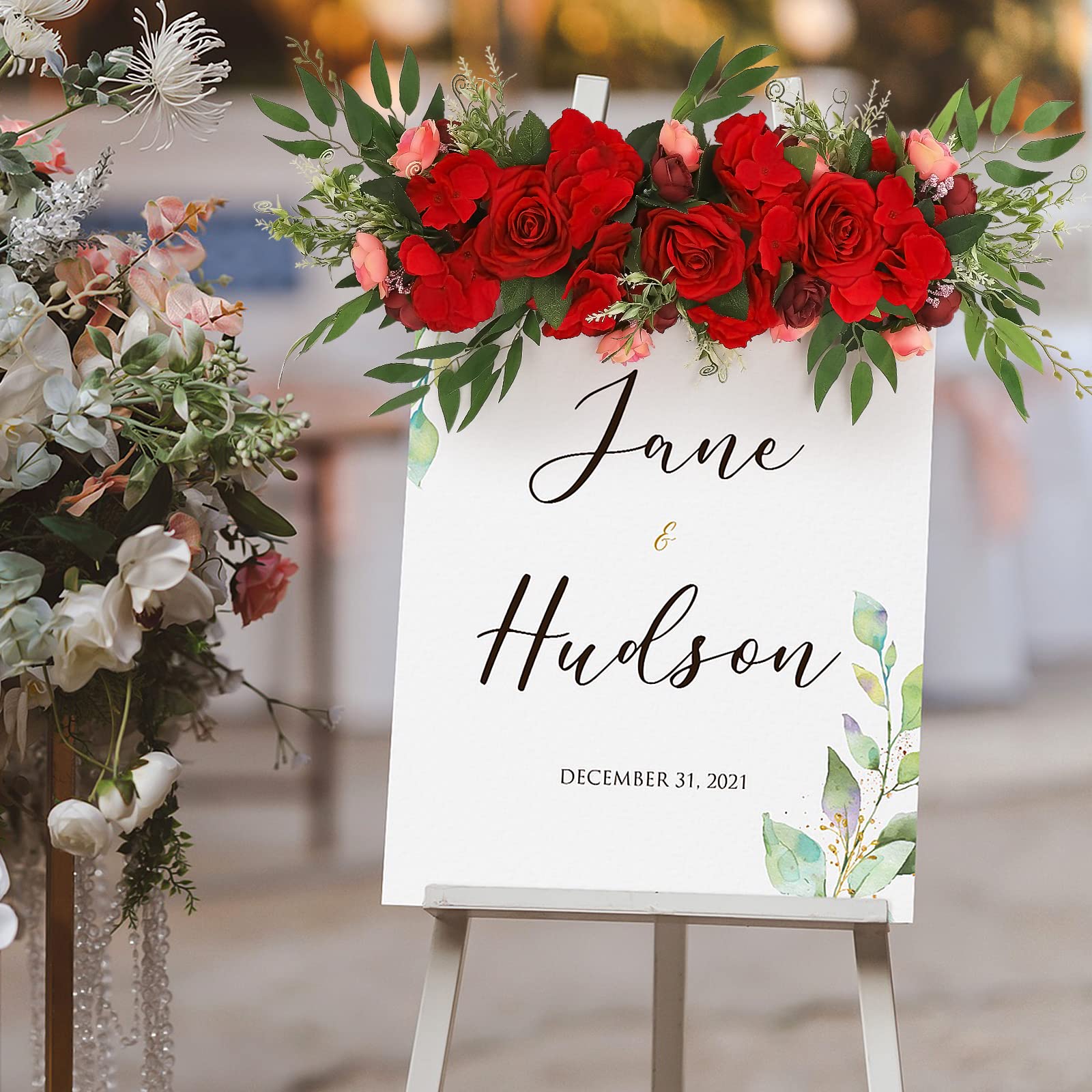 Artificial Rose Flower Swag - Wedding Arch & Chair Decor, Fake Floral Arrangement for Table Decorations & Welcome Signs (Red) | Perfect for Wedding Ceremonies, Bridal Showers & Home Decor
