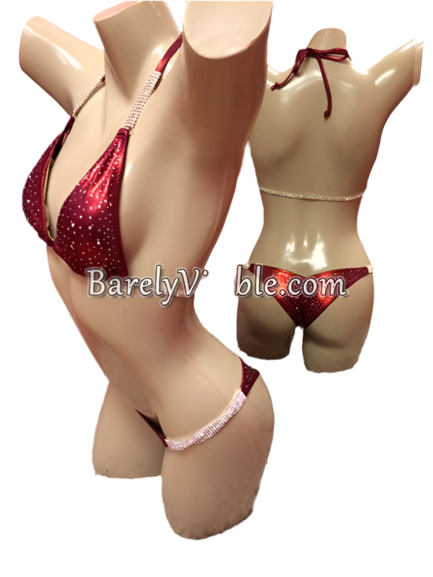OMG Maroon Bling Competition Bikini - Rhinestone Swimsuit for Women, High Cut Cheeky Bottom, Dance & Pageant Wear, Beach & Pool Party Outfit
