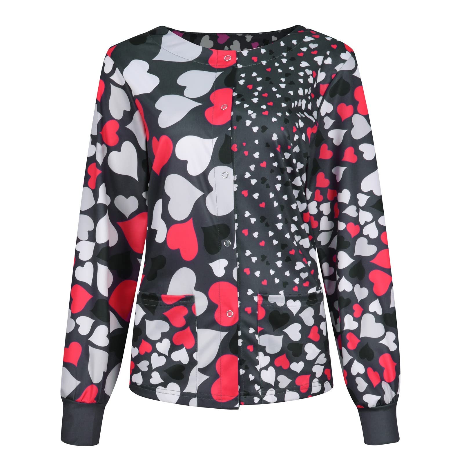 Women's Printed Scrubs Jacket - Snap Front Cute Animal Pattern Long Sleeve Nursing Uniform Top for Doctors & Nurses | Hospital, Clinic & Medical Workwear