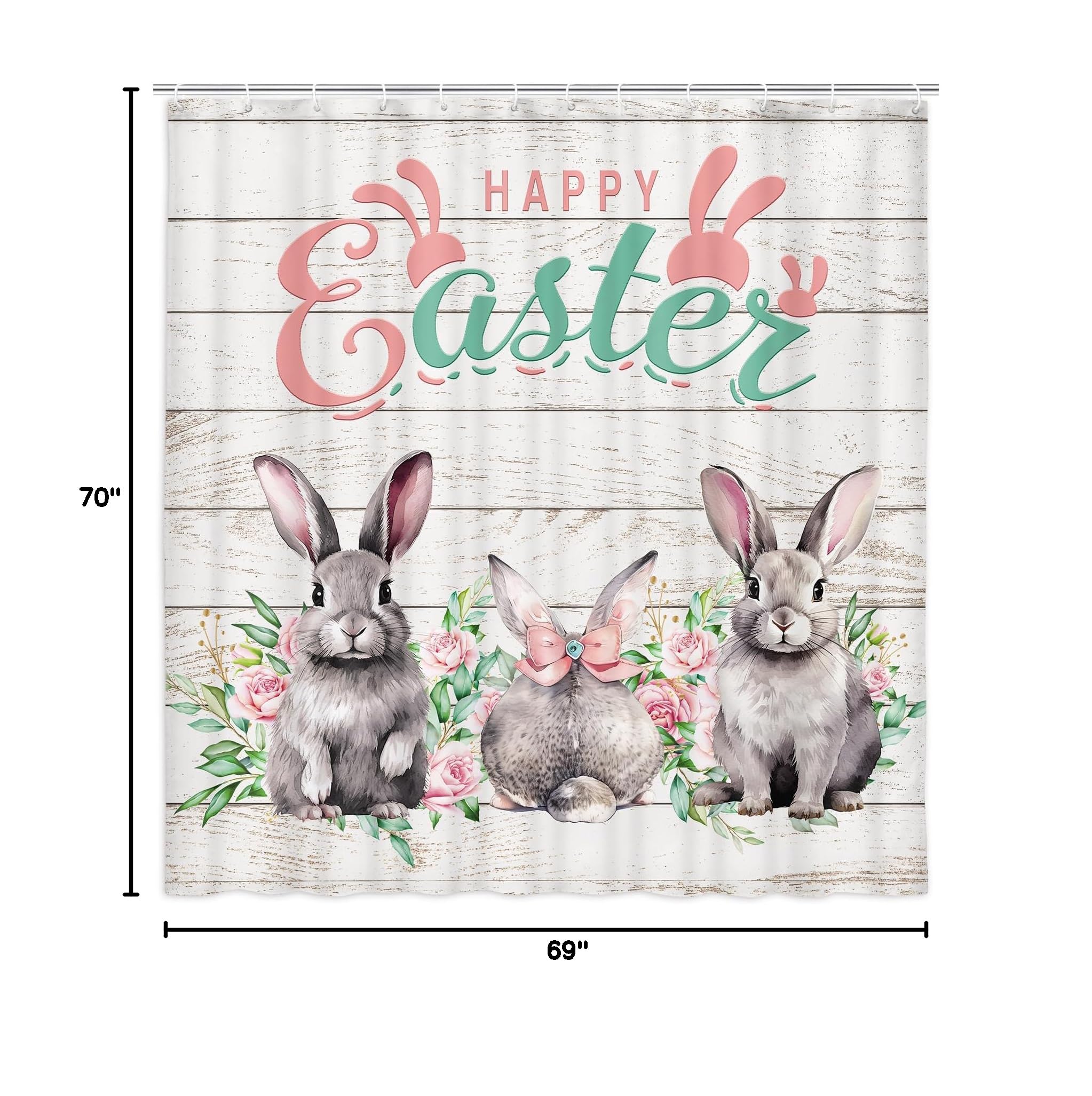 JAWO Easter Rabbit Shower Curtain - Funny Gray Bunny Design on Rustic Wooden Background, Farmhouse Spring Holiday Bathroom Decor with Hooks, 69x70 Inches - Perfect for Easter Decorations, Farmhouse Bathroom Themes, and Seasonal Home Refresh