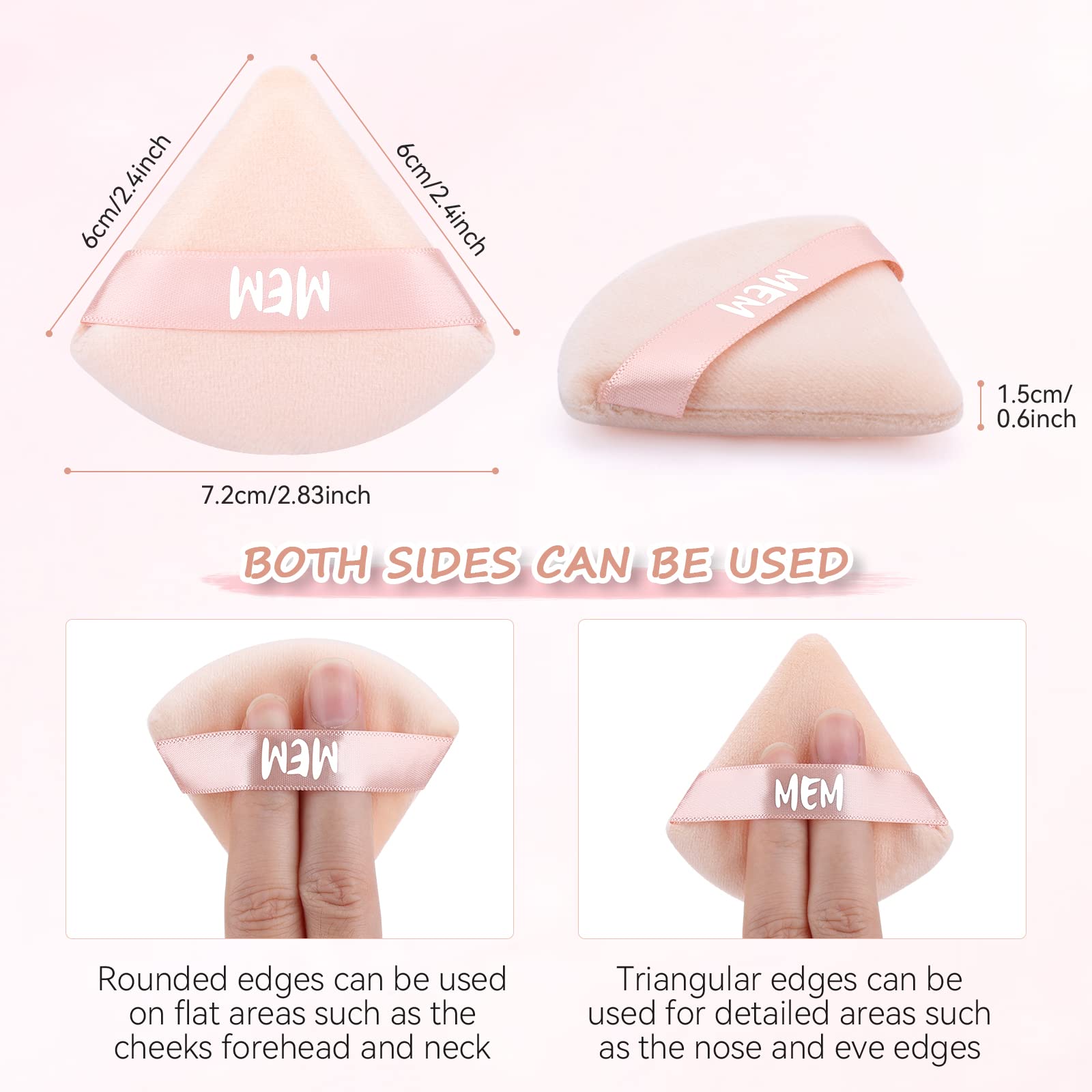 8-Piece MEM Triangle Powder Puff Set - Soft Velour Makeup Sponges for Face & Loose Powder (Wet/Dry Use) | Skin-Friendly Beauty Blenders with Satin Ribbon Handle | Perfect for On-the-Go Touchups & Professional Makeup Application