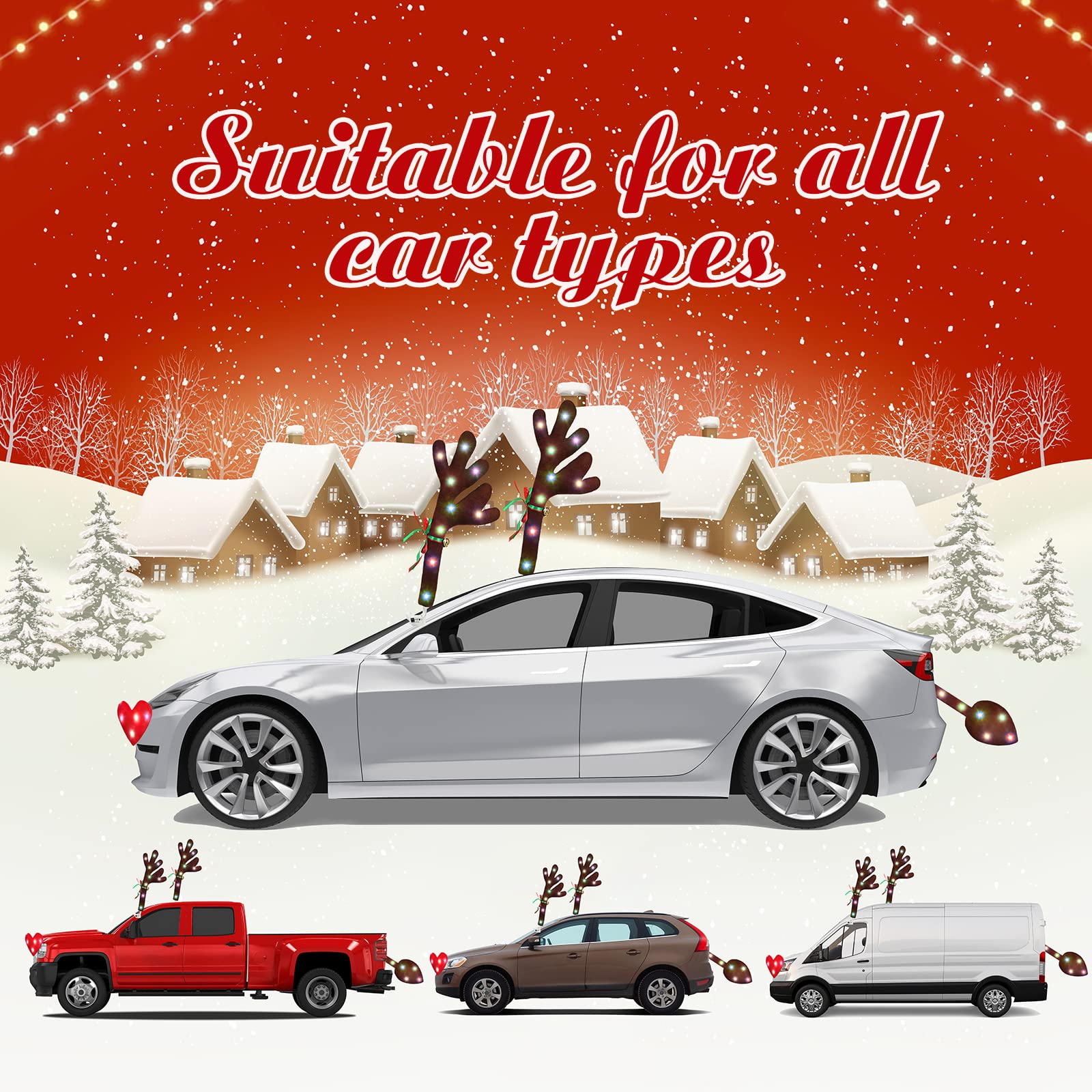 LED Reindeer Christmas Car Antlers Kit with Nose & Tail - Fun Holiday Car Decor for Christmas Parades & Festive Road Trips