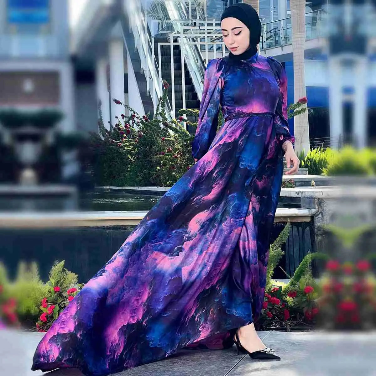 Elegant Printed Muslim Women's Satin Abaya Dress - Modest Islamic Prayer Dress for Eid, Wedding & Special Occasions