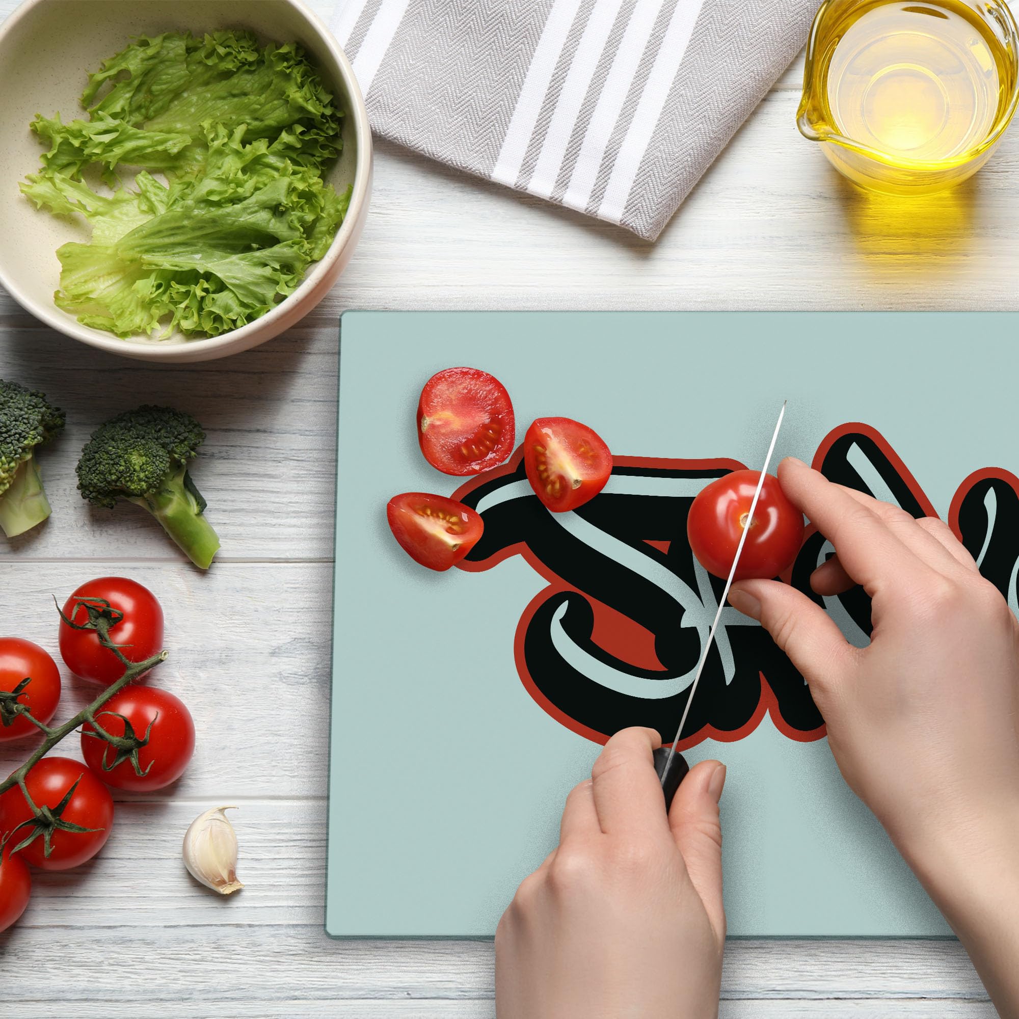 Ambesonne Jack Graffiti Font Cutting Board - Urban Modern Typography Tempered Glass Serving Board - Large Size (Vermilion Black White) - Perfect for Hip-Hop Themed Kitchens, Party Serving & Unique Home Decor