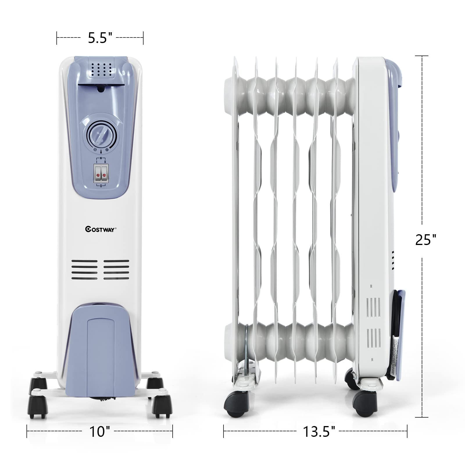 COSTWAY 1500W Oil Filled Radiator Heater - Portable Electric Space Heater with Adjustable Thermostat, 3 Heat Settings, Overheat & Tip-Over Protection - Perfect for Bedroom, Office & Indoor Use (25