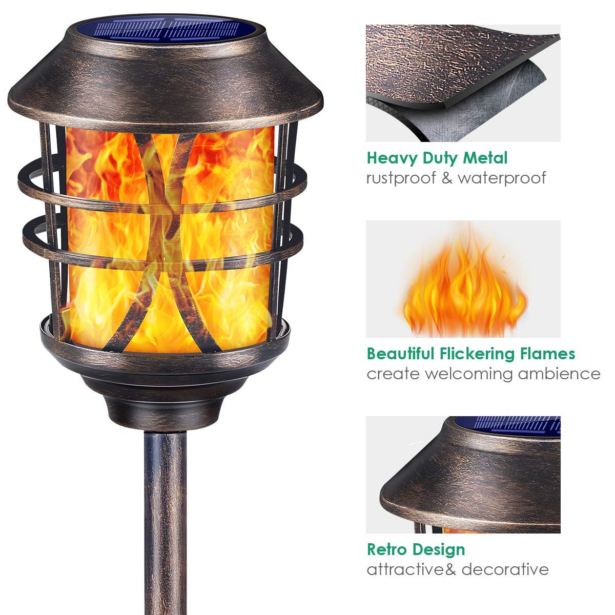 TomCare Solar Torch Lights - 4 Pack Metal Flickering Flame Outdoor Solar Lights, Waterproof Garden Pathway Lighting for Patio, Yard, Pool - Auto On/Off Dusk to Dawn - Perfect for Landscape Decoration & Backyard Ambiance