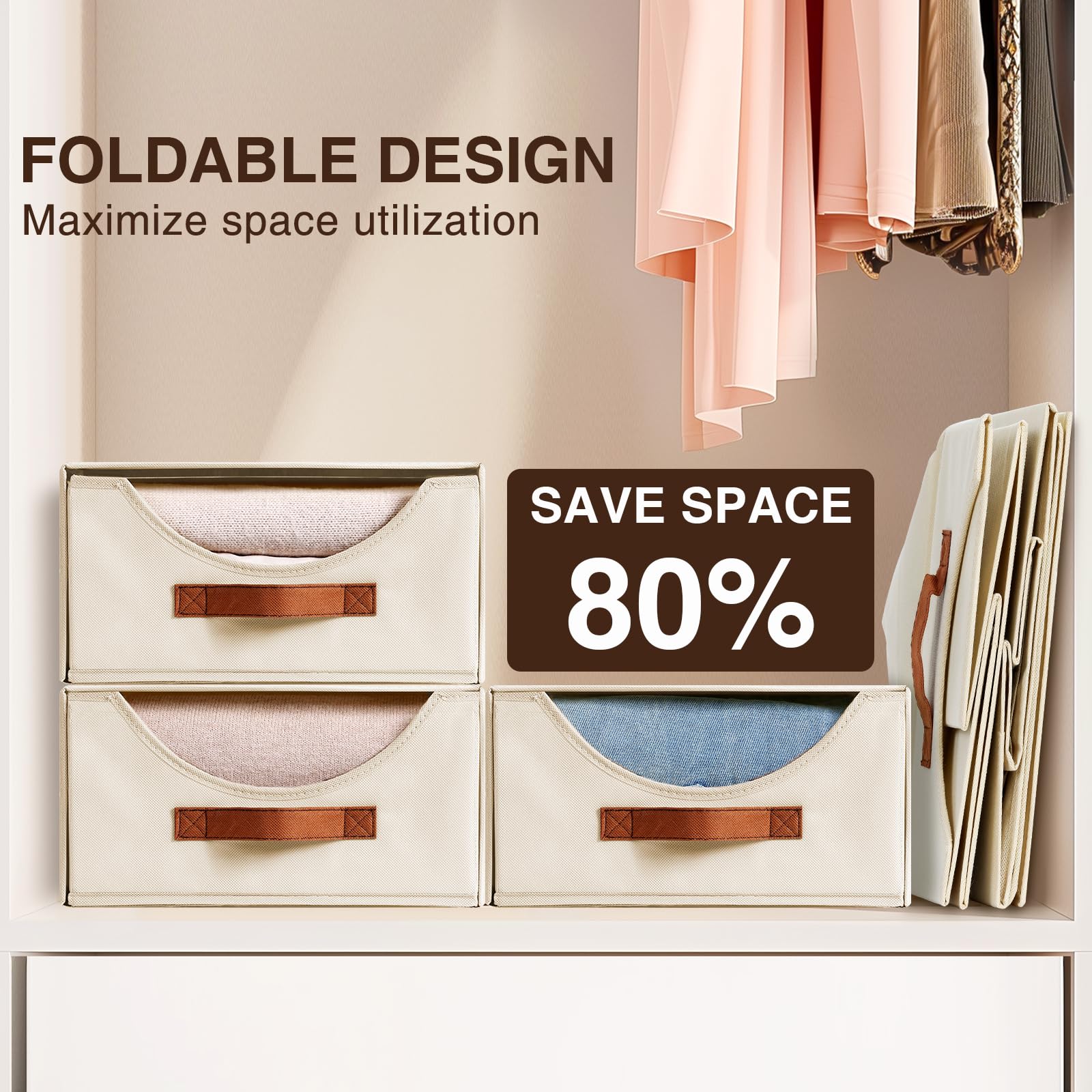 Large Fabric Storage Bins with Drawers - 4 Pack Collapsible Closet Organizers for Clothes, Bedroom & Living Room | Space-Saving Beige Storage Solutions for Home Organization