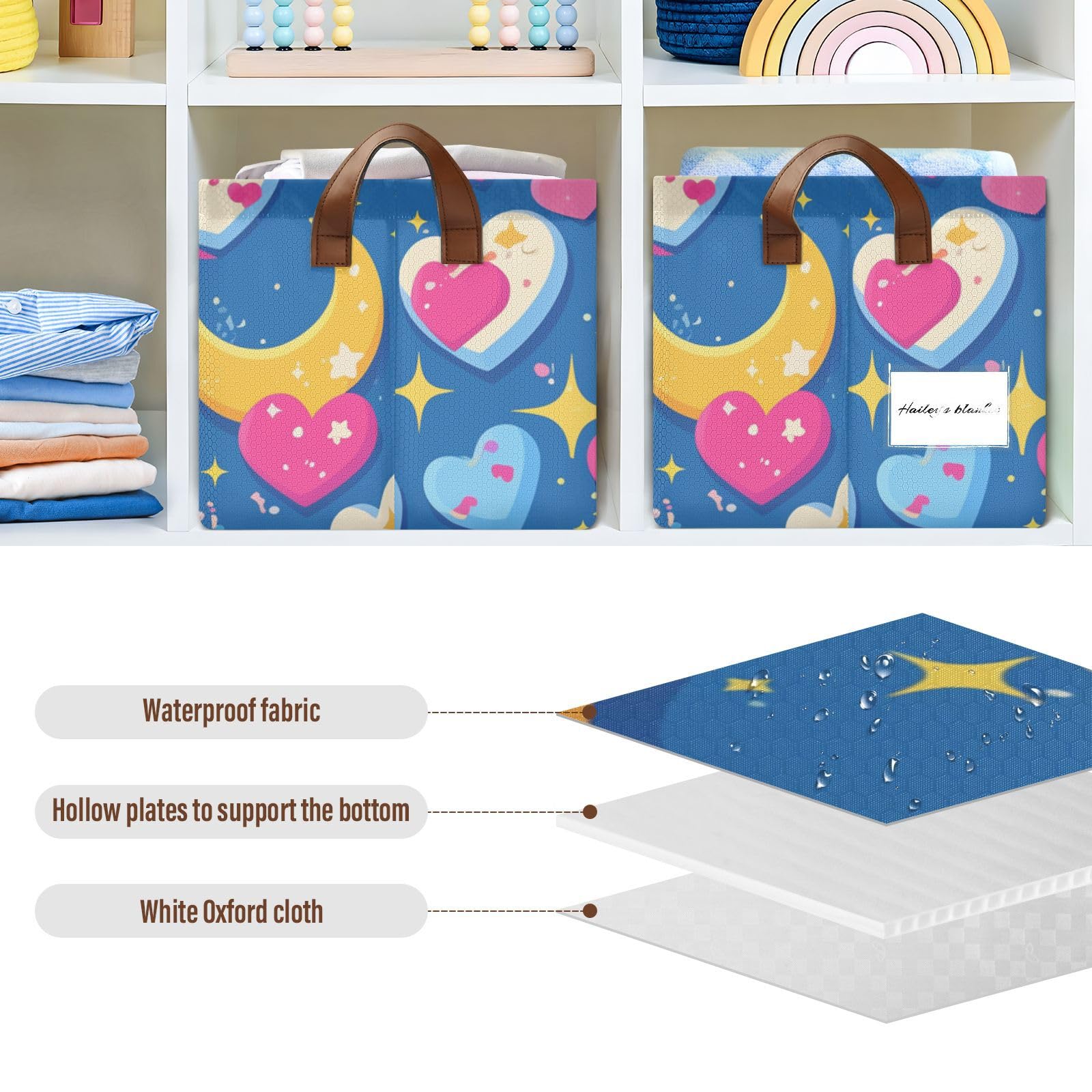 Moon Pixel Art Valentine's Day Decorative Foldable Storage Baskets - 2 Pack Closet Organizer Bins with Handles for Bedroom, Office & Nursery Organization | Space-Saving Storage Cubes for Home Decor
