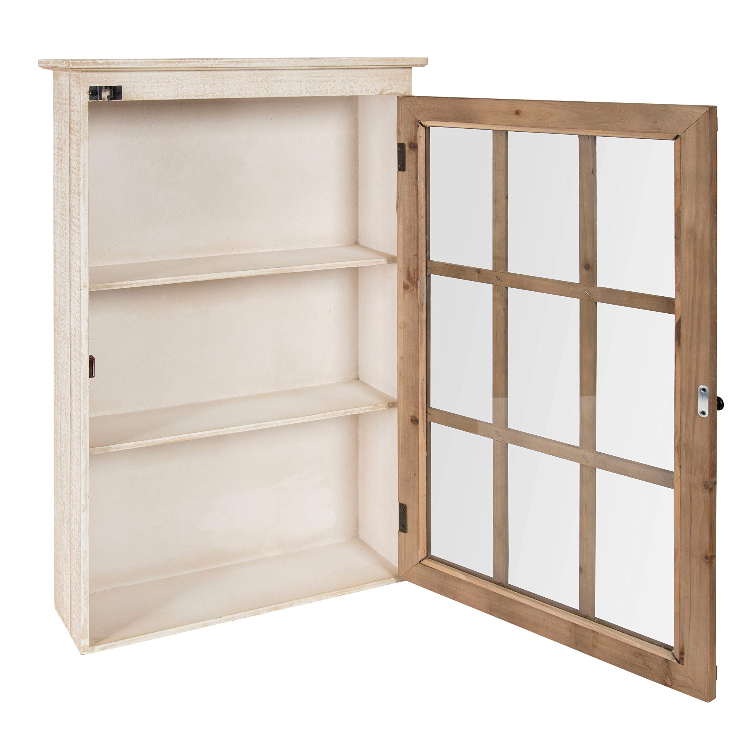 Kate & Laurel Hutchins Rustic Farmhouse Wood Wall Storage Cabinet with Window Pane Glass Door - White Distressed Finish | Perfect for Kitchen Pantry, Bathroom Organization & Farmhouse Decor