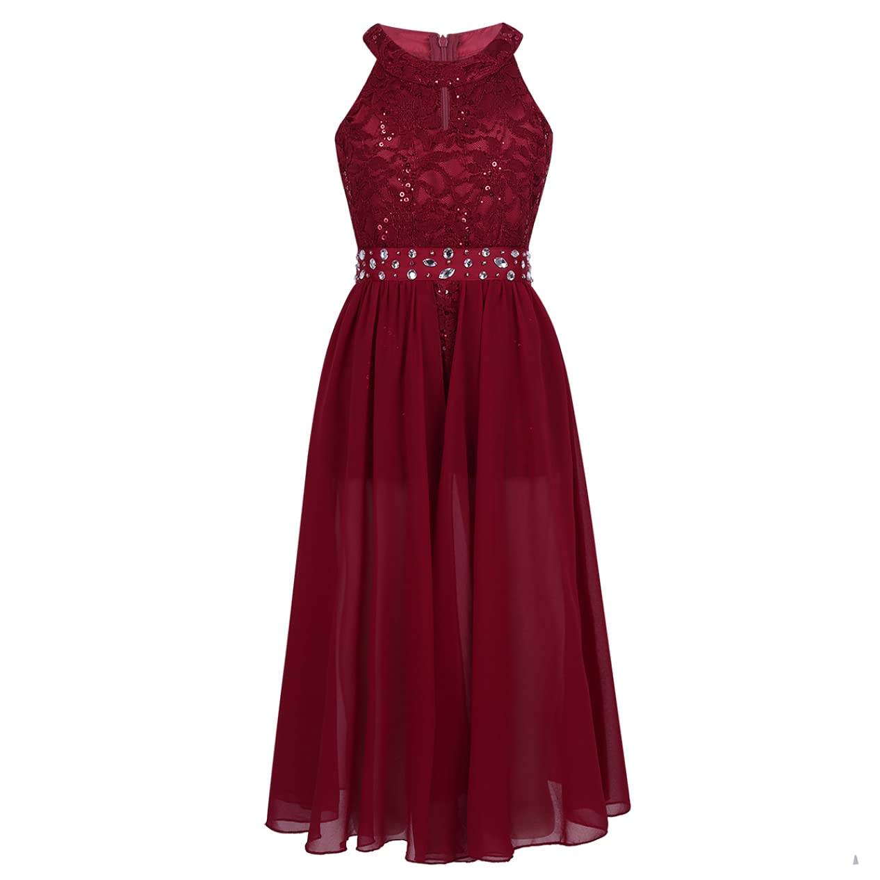 Girls Floral Lace Rhinestone Chiffon Dress - High Low Hem Princess Party Gown for Birthday, Formal Occasions & Special Events - Perfect for Weddings, Pageants, Photo Shoots & Holiday Celebrations