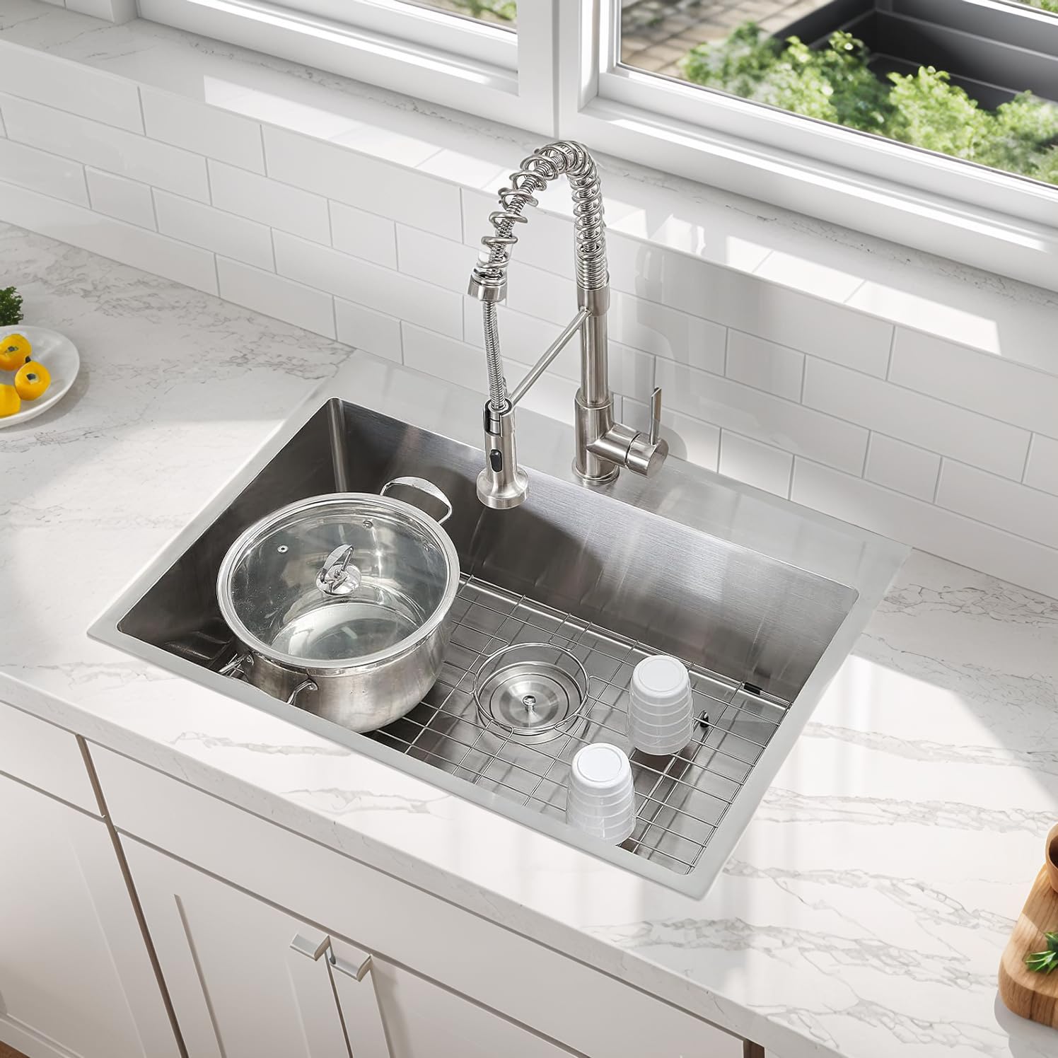 33x22 Inch Drop-in Stainless Steel Kitchen Sink - 16 Gauge Brushed Nickel Single Bowl Topmount Farmhouse Sink with Drain - Perfect for Food Prep, Dishwashing & Laundry Utility Areas