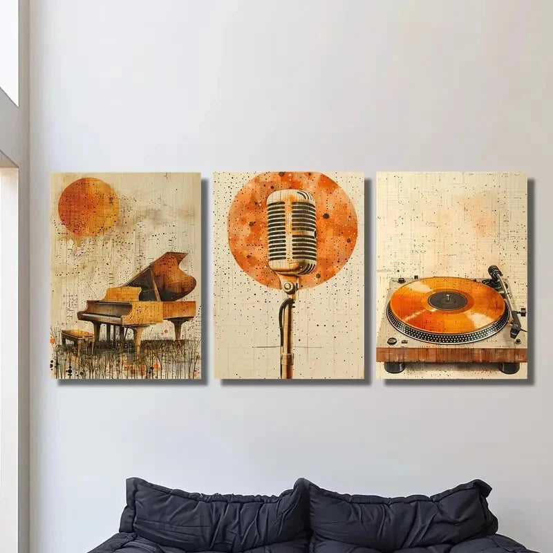 3-Piece Golden Piano, Microphone & Vinyl Metal Wall Art - Ready to Hang Home Decor for Music Lovers - Perfect for Living Room, Bedroom or Studio Decor