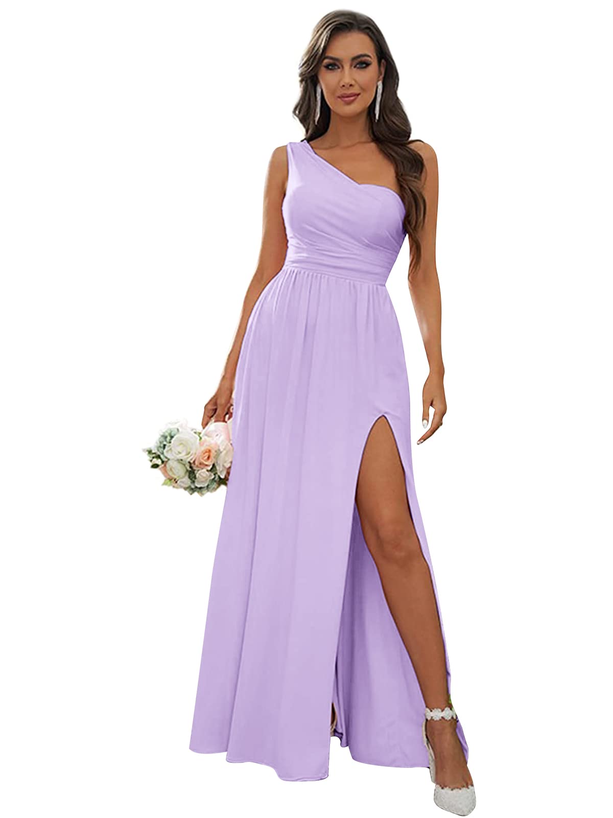 FEOLATE Women's One Shoulder Long Bridesmaid Dress for Wedding, Formal Evening Party Gown with High Slit - Elegant Prom, Cocktail, and Special Occasion Attire