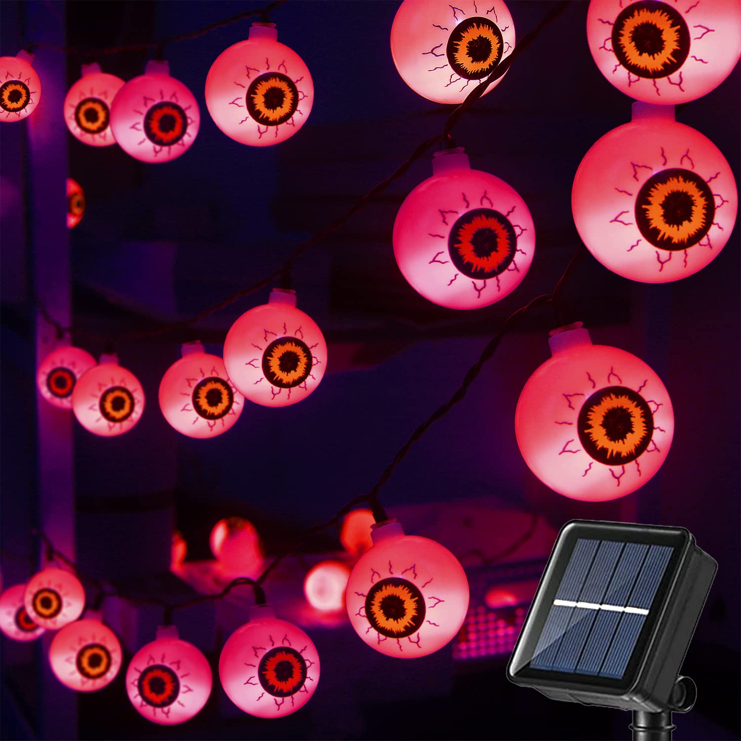 30 LED Large Eyeball Red Solar String Lights - Waterproof Outdoor Halloween Decorations for Yard, Garden, Party, Haunted House & Spooky Night Scenes