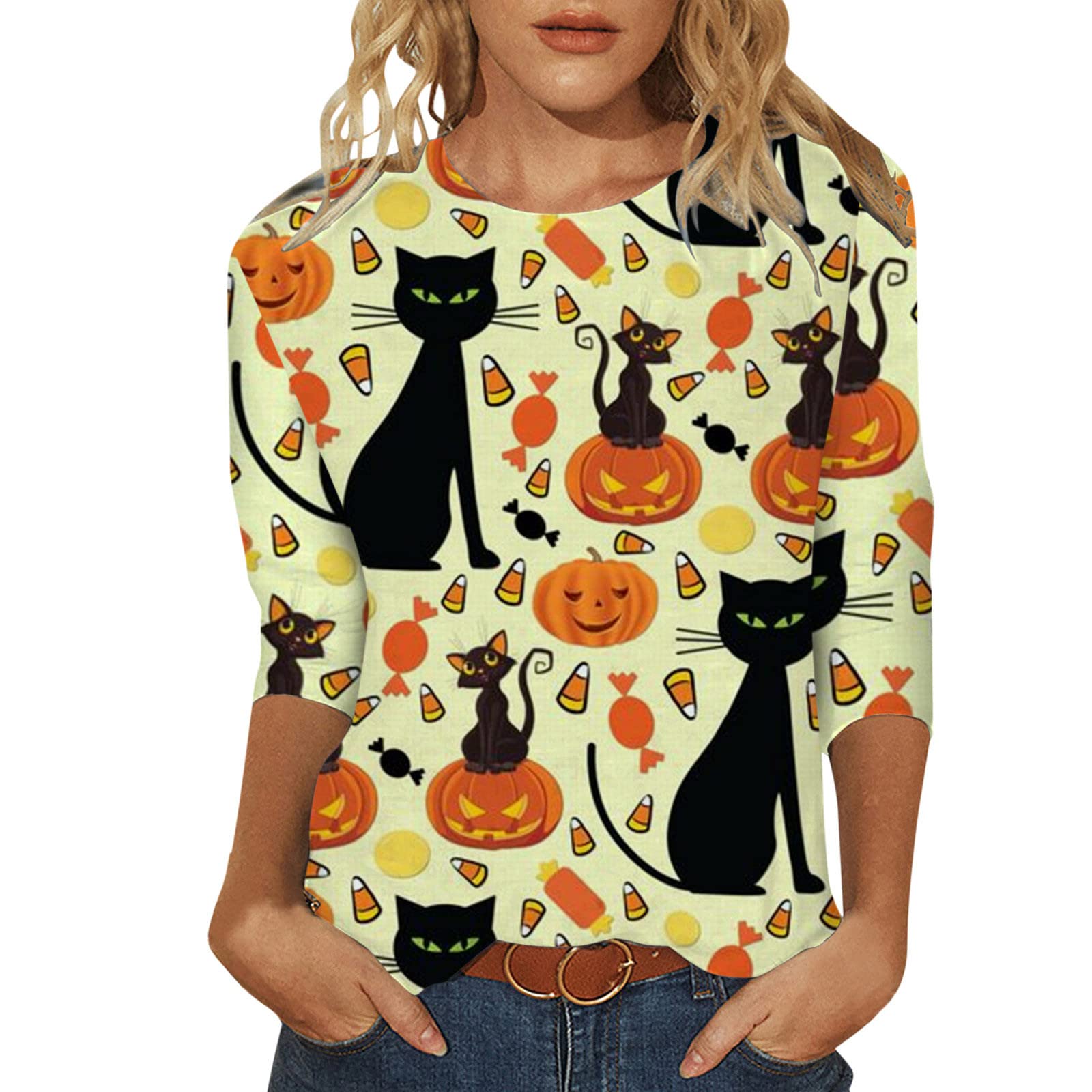 Women's Western Halloween Shirts - Elegant Long Sleeve Pumpkin Face Printed Basic Tee for Summer | Loose Flowy Blouse for Costume Parties, Pumpkin Patch Visits & Autumn Festivals