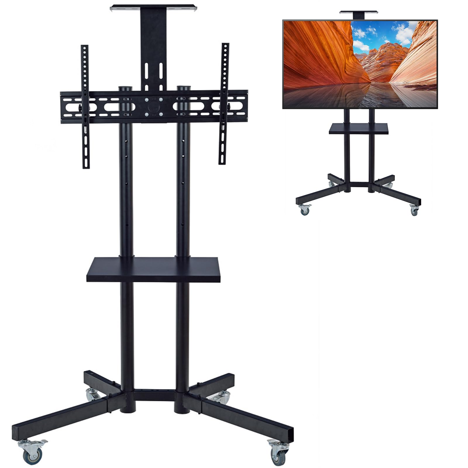 Adjustable Rolling TV Stand with Power Outlet for 32-65 Inch Flat/Curved LED/LCD/OLED TVs - Mobile TV Cart with Wheels, 220 lbs Capacity & VESA 600x400mm - Perfect for Living Room, Bedroom or Office Entertainment Setup