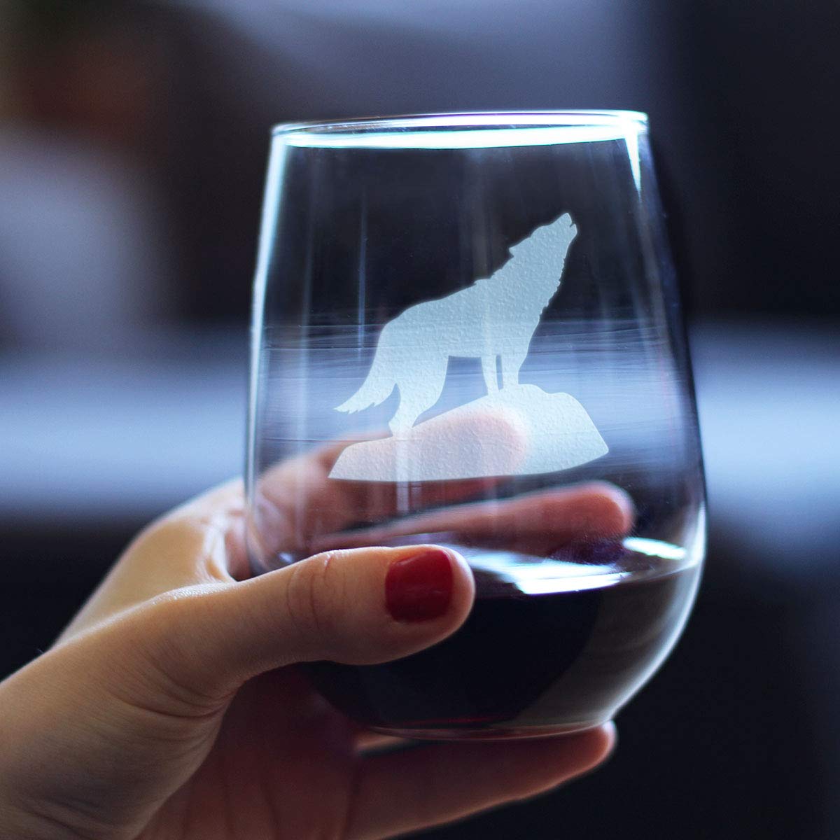 Wolf Stemless Wine Glass - Engraved Silhouette Design - Rustic Cabin Themed Gift for Women & Men - Perfect for Home Decor, Camping, and Outdoor Entertaining - Large 16oz Capacity