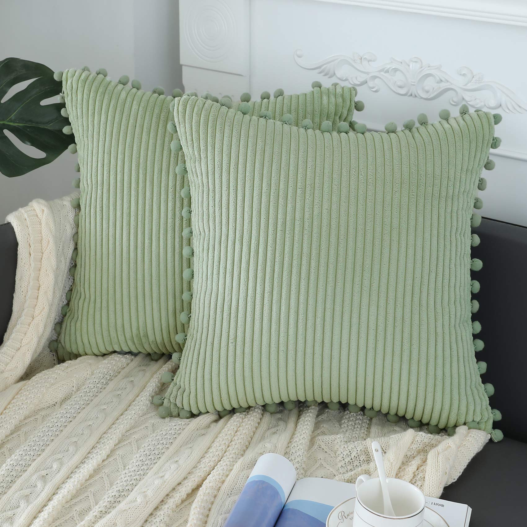 Sage Green Boho Throw Pillow Covers 20x20 Inch - Soft Striped Farmhouse Decorative Cushion Covers with Pom Poms - Set of 2 for Couch, Sofa, Bed, Chair & Outdoor Use - Perfect for Living Room, Patio & Home Decor