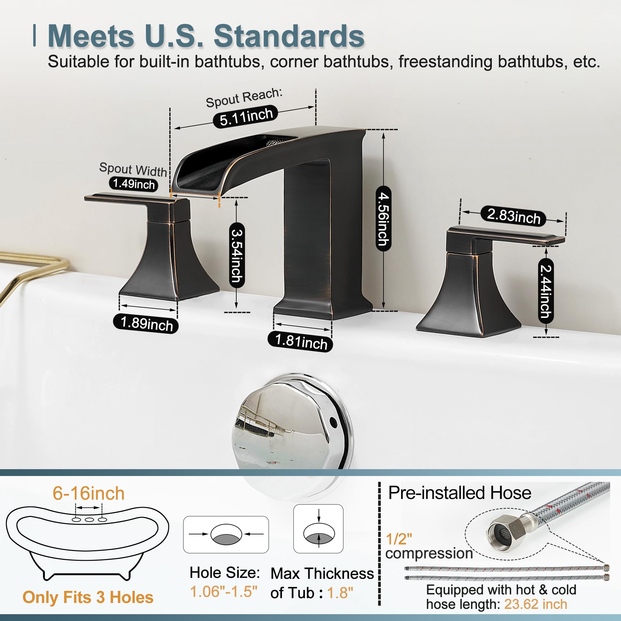 Premium Solid Brass Oil Rubbed Bronze Waterfall Roman Tub Faucet - High Flow Deck Mount Bathtub Faucet Set with 2 Handles (3 Hole Widespread) - Leak-Proof & Easy 15-Minute Installation - Perfect for Luxury Bathrooms, Spa Retreats & Modern Home Decor