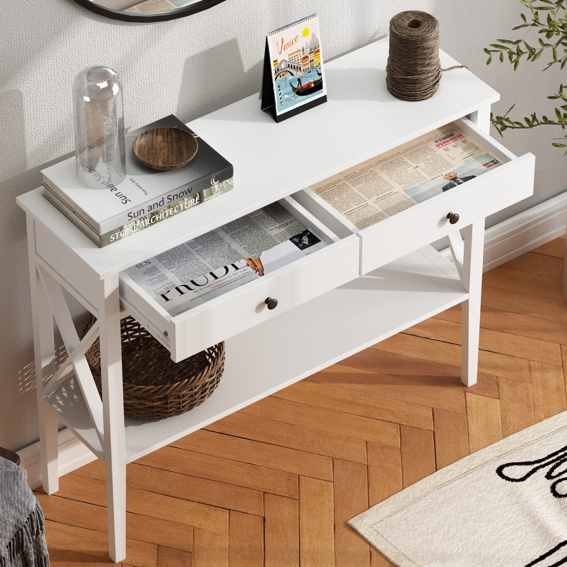 ChooChoo Narrow Console Table with Drawers - White Wooden Sofa Table for Entryway, Hallway & Living Room - Storage Shelf & Accent Design - Perfect for Small Spaces, Home Decor & Apartment Furnishing