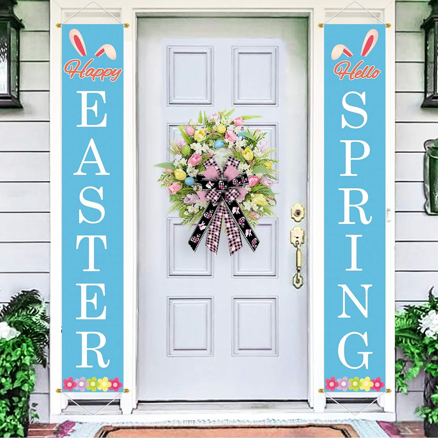 Large Easter Bunny Bows for Wreaths - Pink & Black Buffalo Plaid Bows with Spring Flowers & Burlap - Holiday Tree Topper & Front Door Decorations - Perfect for Easter Party Supplies & Home Decor
