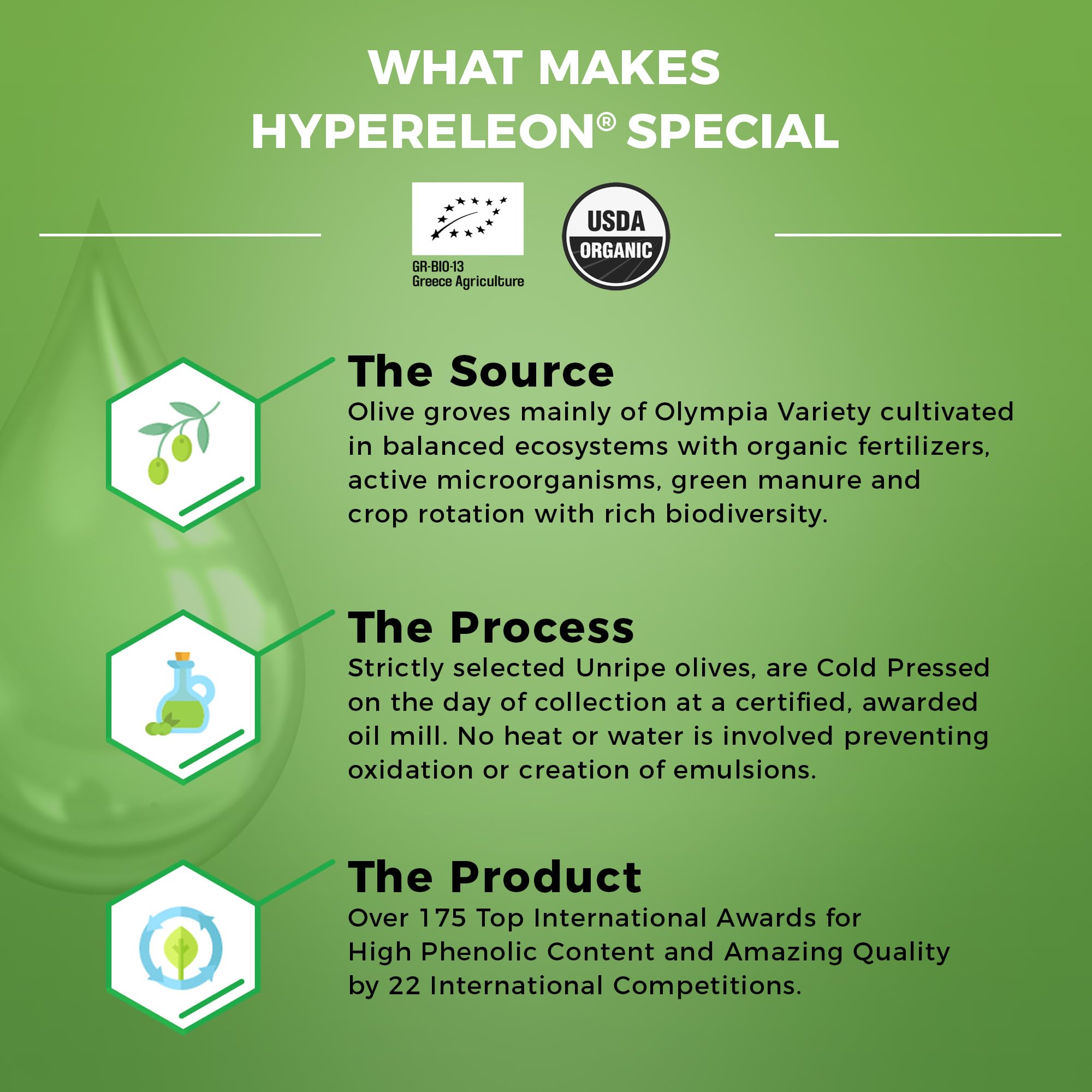 Premium Organic Greek Extra Virgin Olive Oil - 100% Pure, Unfiltered, High Phenolic - Award-Winning HYPERELEON GREEN (Pack of 3, 260ml) | Perfect for Salads, Cooking & Healthy Diets