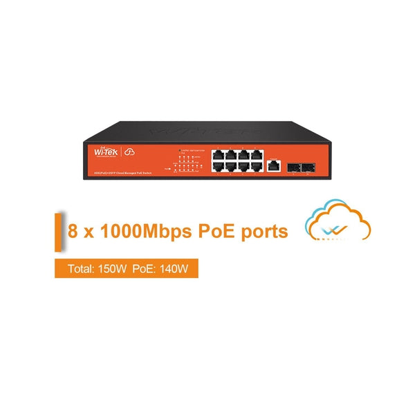 Wi Tek Cloud L2 Managed 8 Port Gigabit + 2 SFP Full Gigabit PoE Switch (WI PCMS310GF) - Ideal for Office Networks, IP Camera Systems & Smart Home Installations