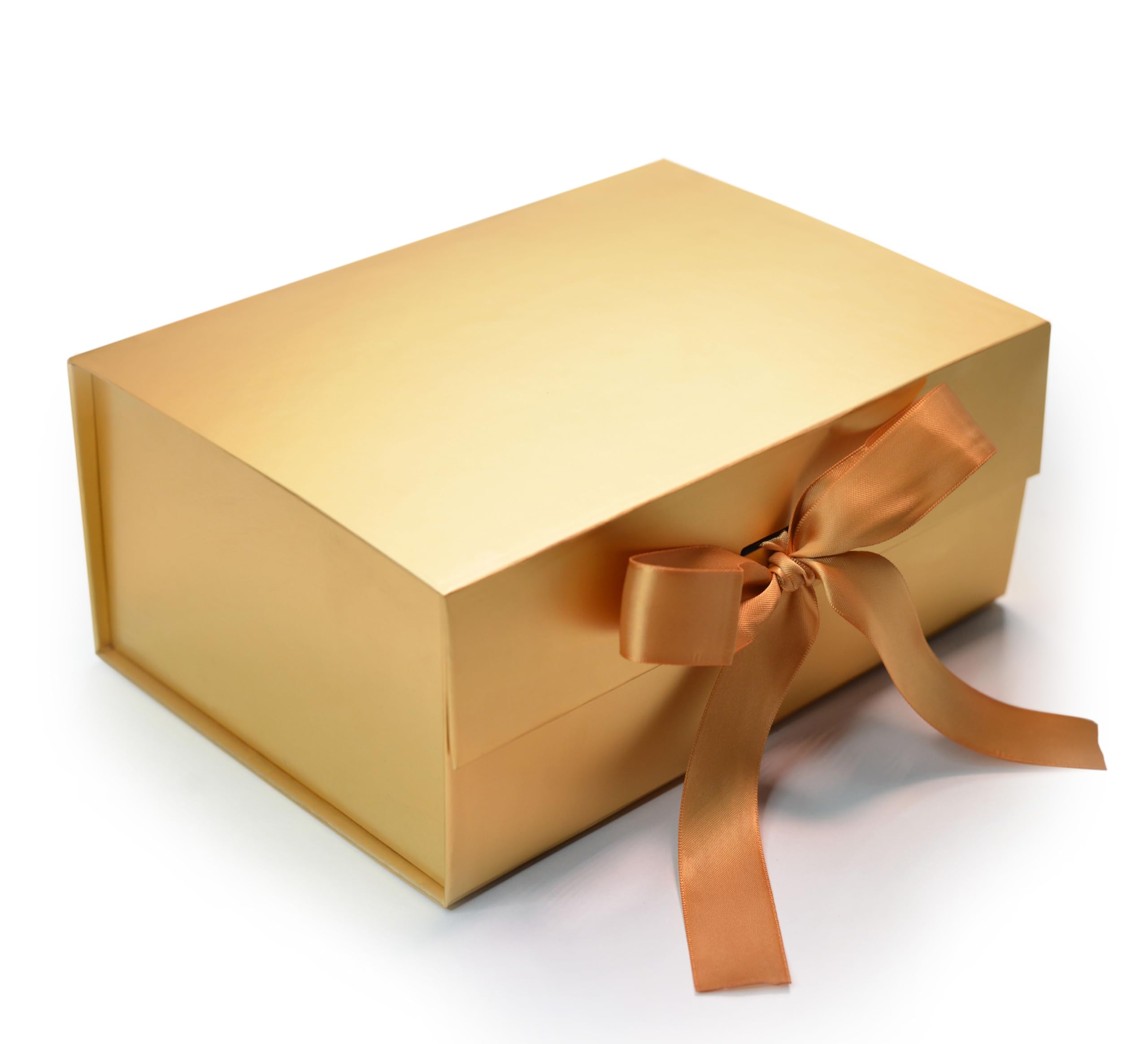 Elegant Gold Gift Box with Ribbon - 23x16x10cm Empty Gift Packaging Box (1 Pack) - Holds up to 5kg for Presents, Wedding Favors, Birthday Gifts & Holiday Decorations - Reusable Decorative Hamper Box for Luxury Gift Wrapping