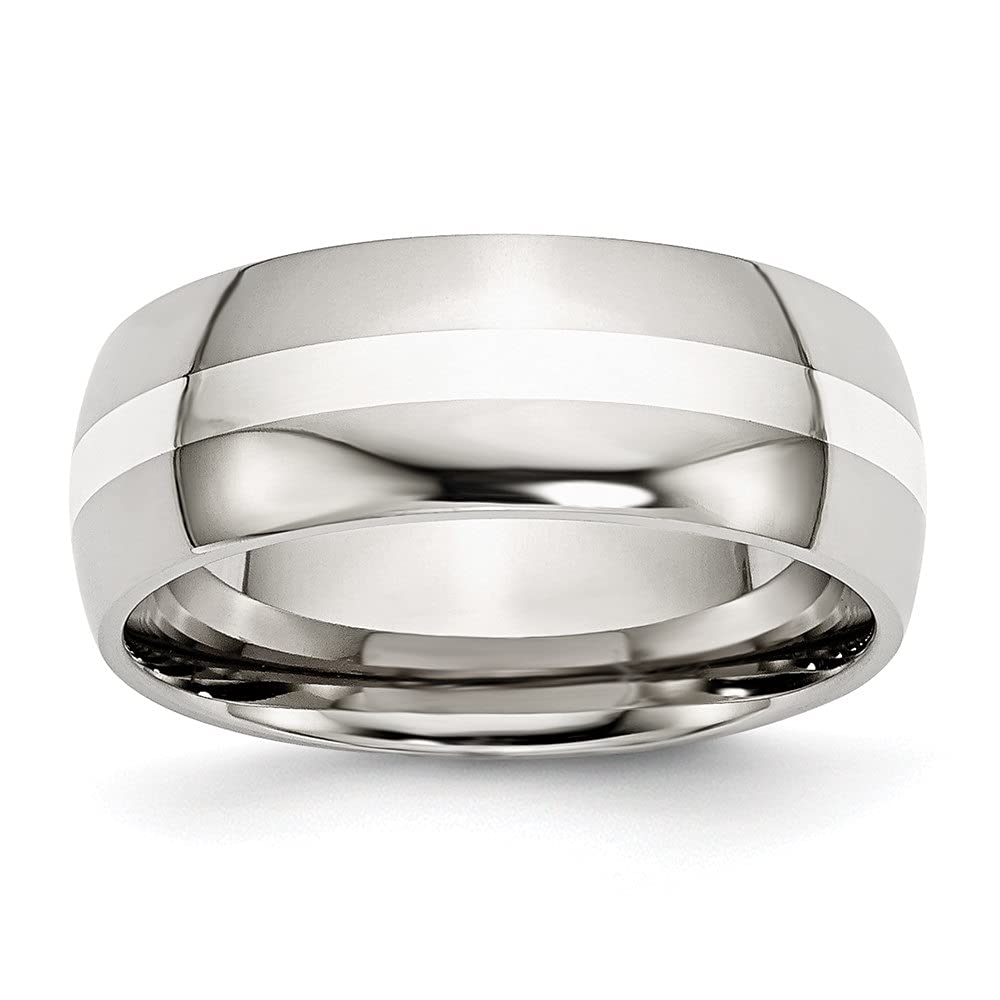 Diamond2Deal 8mm Polished Stainless Steel & Sterling Silver Inlay Band Ring for Men - Perfect for Weddings, Anniversaries, and Everyday Wear