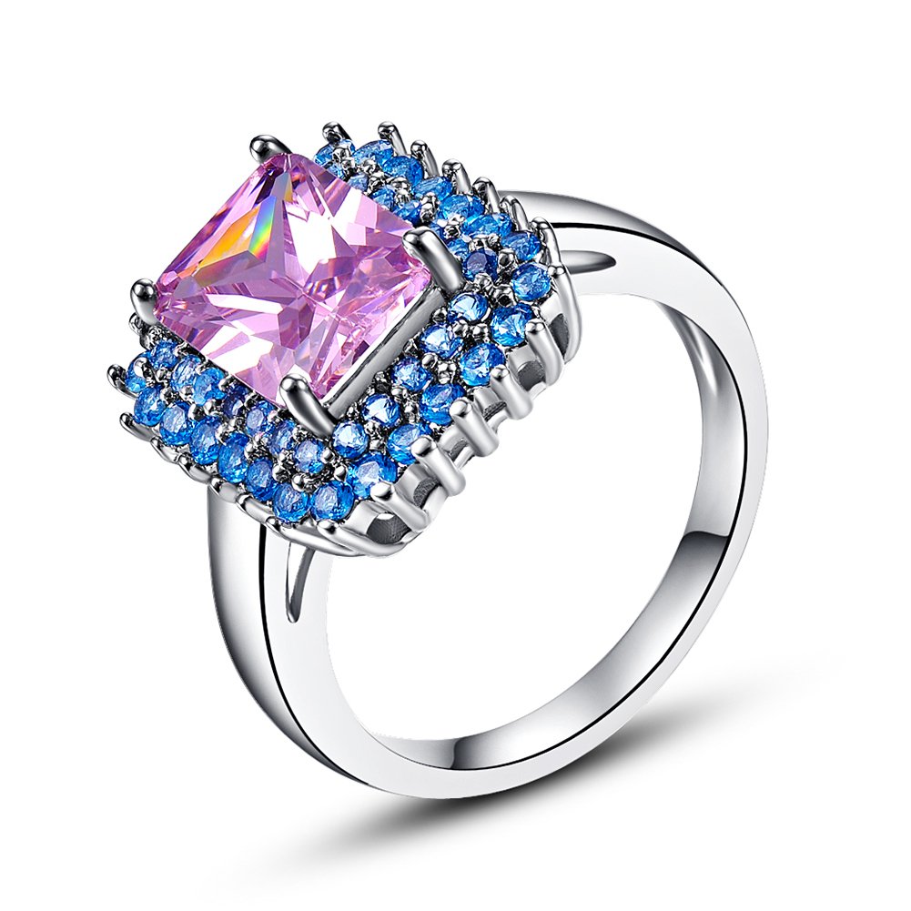 925 Sterling Silver Plated Rainbow Topaz Double Halo Ring for Women - Elegant Simulated Gemstone Jewelry for Engagement, Anniversary & Special Occasions