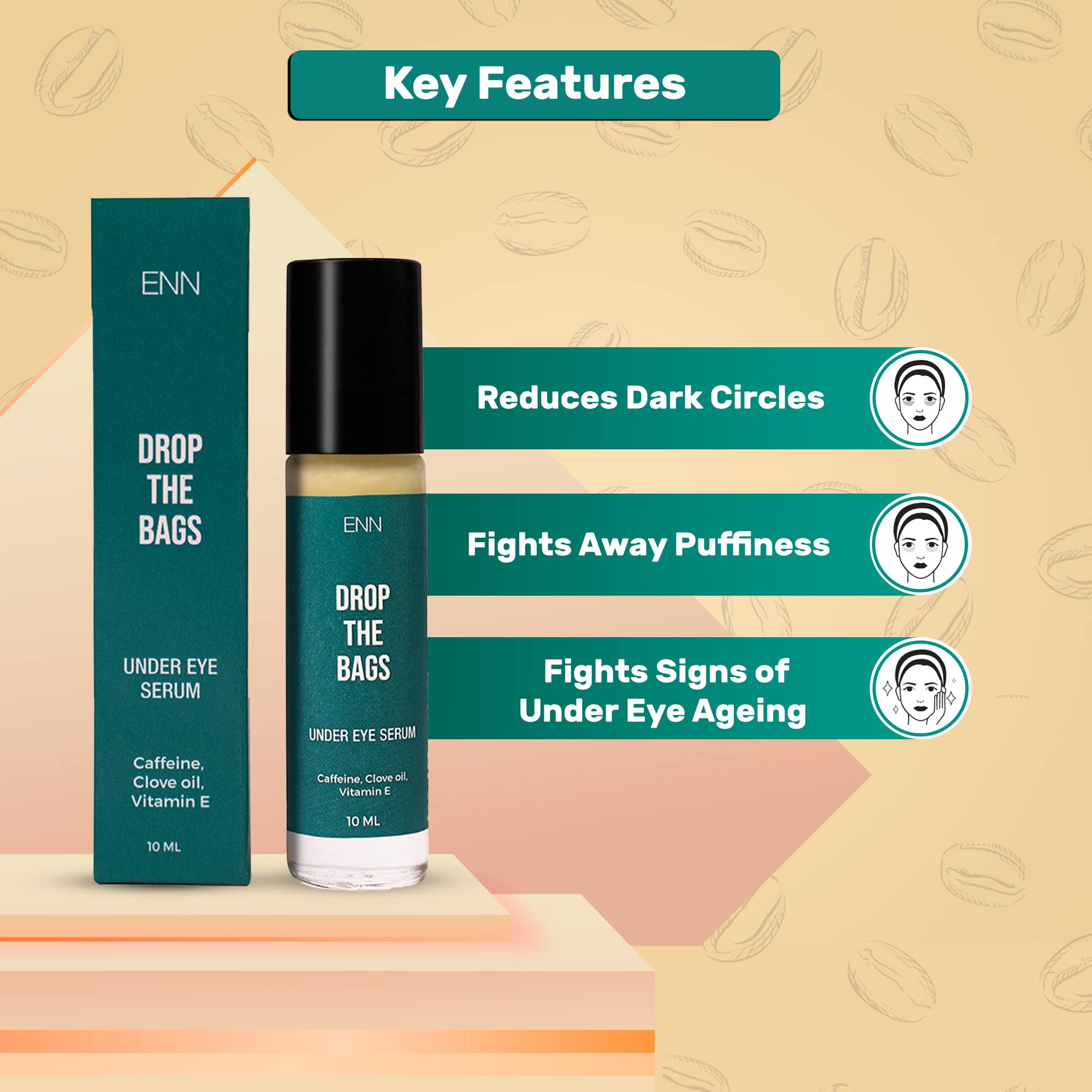 ENN Drop the Bags Under Eye Serum for Dark Circles - Caffeine, Clove Oil & Vitamin E Treatment for Women & Men - Reduces Puffiness, Fine Lines & Dark Circles - 10ml - Perfect for Nighttime Skincare & Morning Routine
