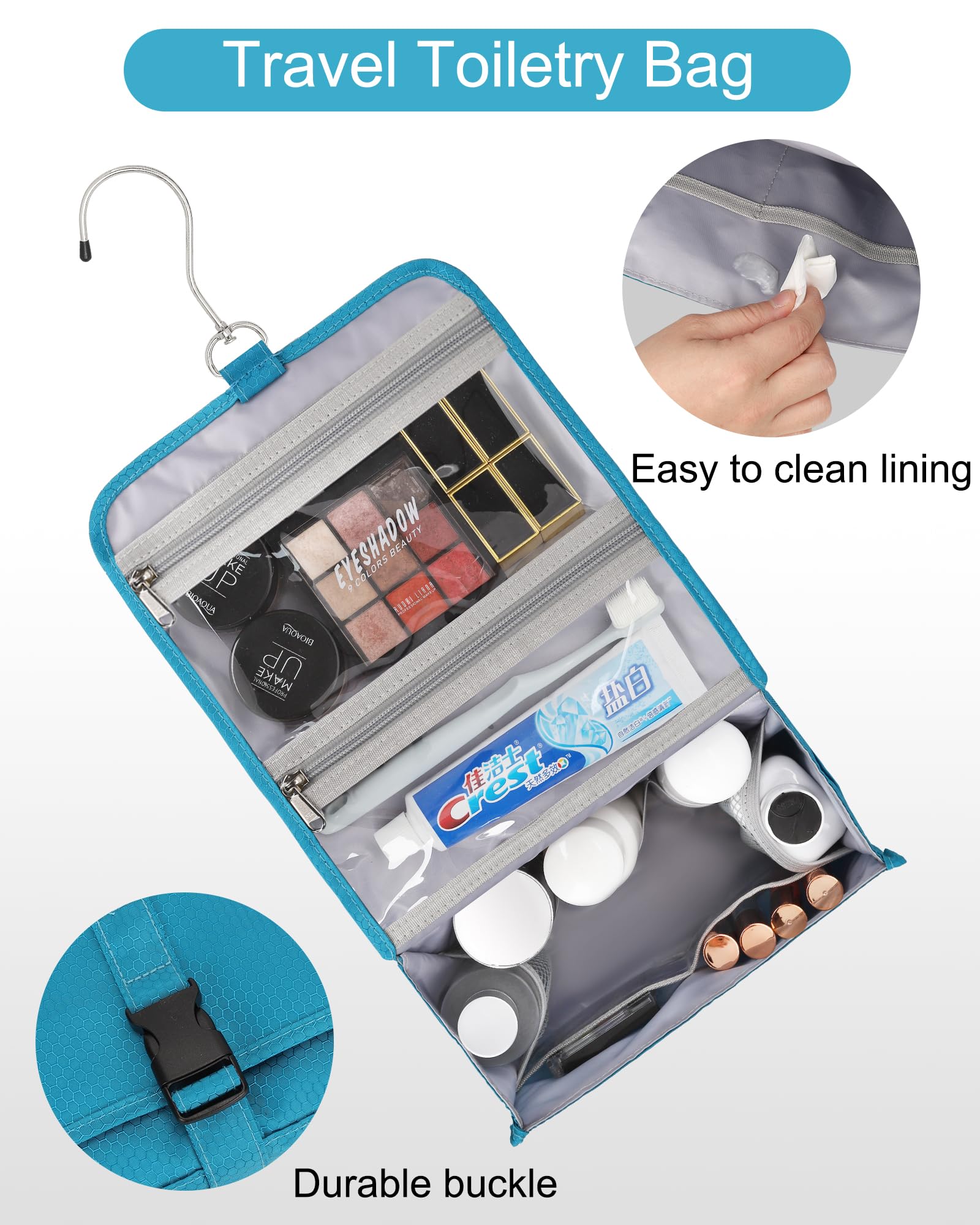 Relavel Waterproof Hanging Toiletry Bag for Travel - Compact Makeup Organizer with Multiple Compartments for Women & Men - Perfect for Gym, Shower, Camping & Vacation (Blue)