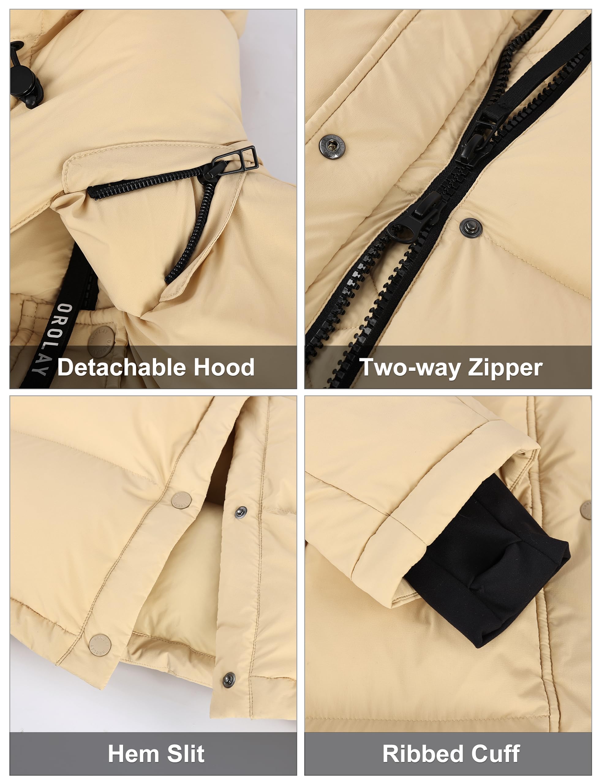 Orolay Women's Long Down Jacket with Detachable Hood - Winter Warm Puffer Coat with Hem Slit for Outdoor Activities, Travel & Cold Weather Protection