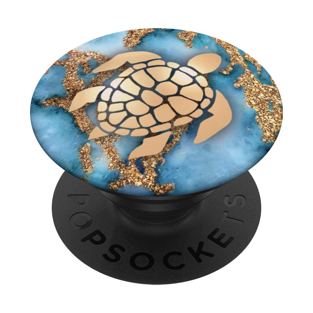 Sea Turtle Golden Grip PopSocket - Light Blue Marbled Design, Swappable Phone & Tablet Grip for Secure Hold, Perfect for Travel, Work, and Everyday Use