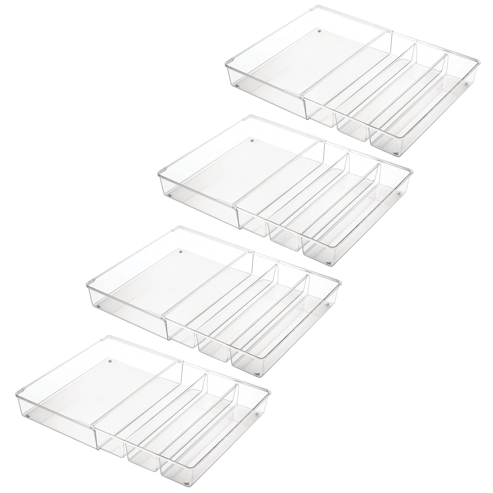 mDesign 4-Pack Clear Plastic Adjustable Expandable Drawer Organizer with 4 Compartments - Kitchen Pantry, Cabinet & Cupboard Storage for Silverware, Utensils, Cutlery - Perfect for Home Organization & Space Saving