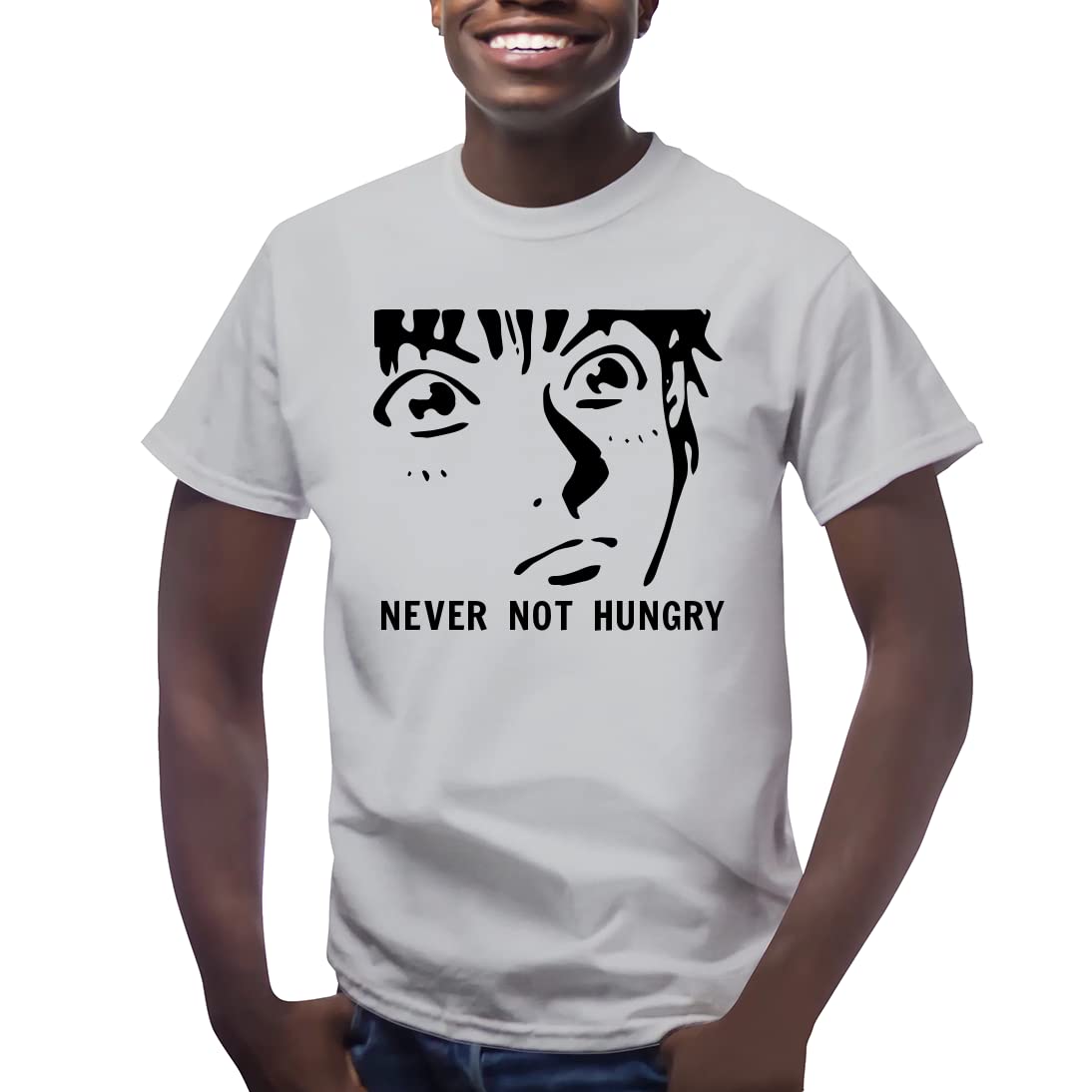 Never Not Hungry Anime Graphic Men's Short Sleeve Cotton T-Shirt - Casual Streetwear for Anime Fans, Gaming, and Everyday Wear