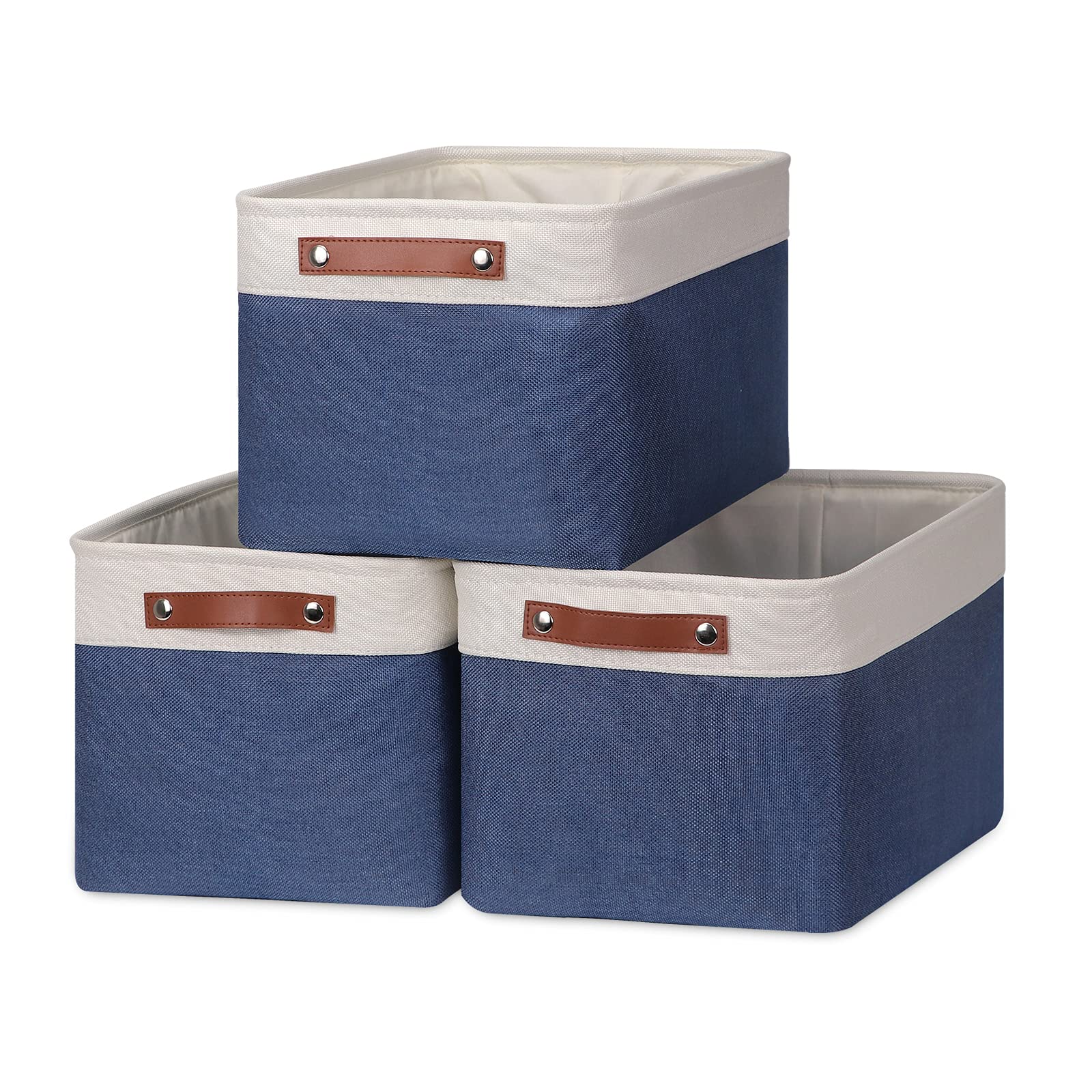 HNZIGE 3-Pack Large Fabric Storage Baskets with Leather Handles - 15