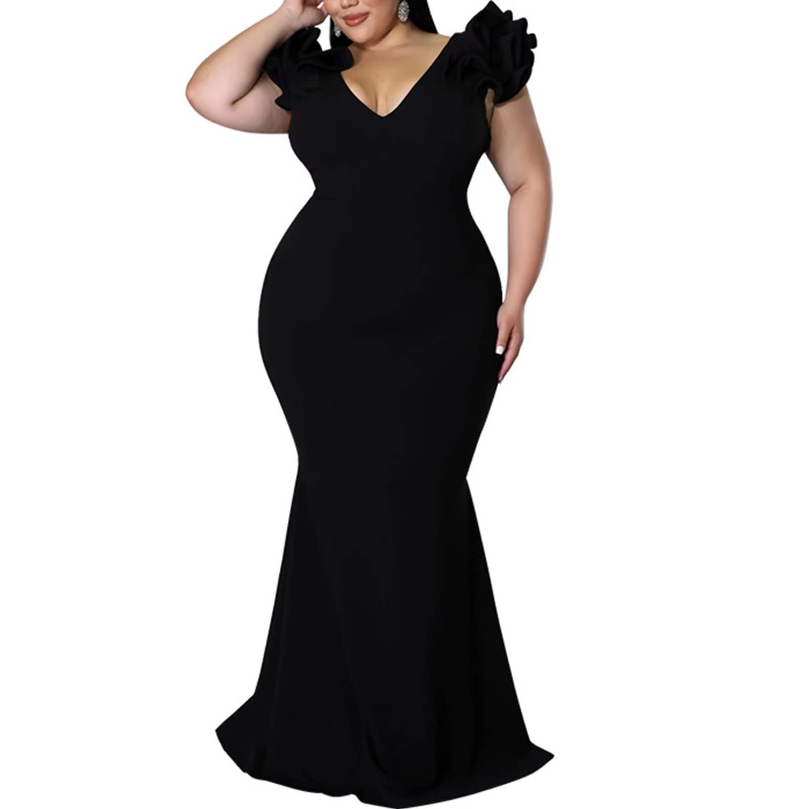Elegant Plus Size Bodycon Dress for Women - Sexy Backless Long Maxi Dress with Ruffle Sleeves | Perfect for Evening Parties, Prom, Date Night & Special Occasions