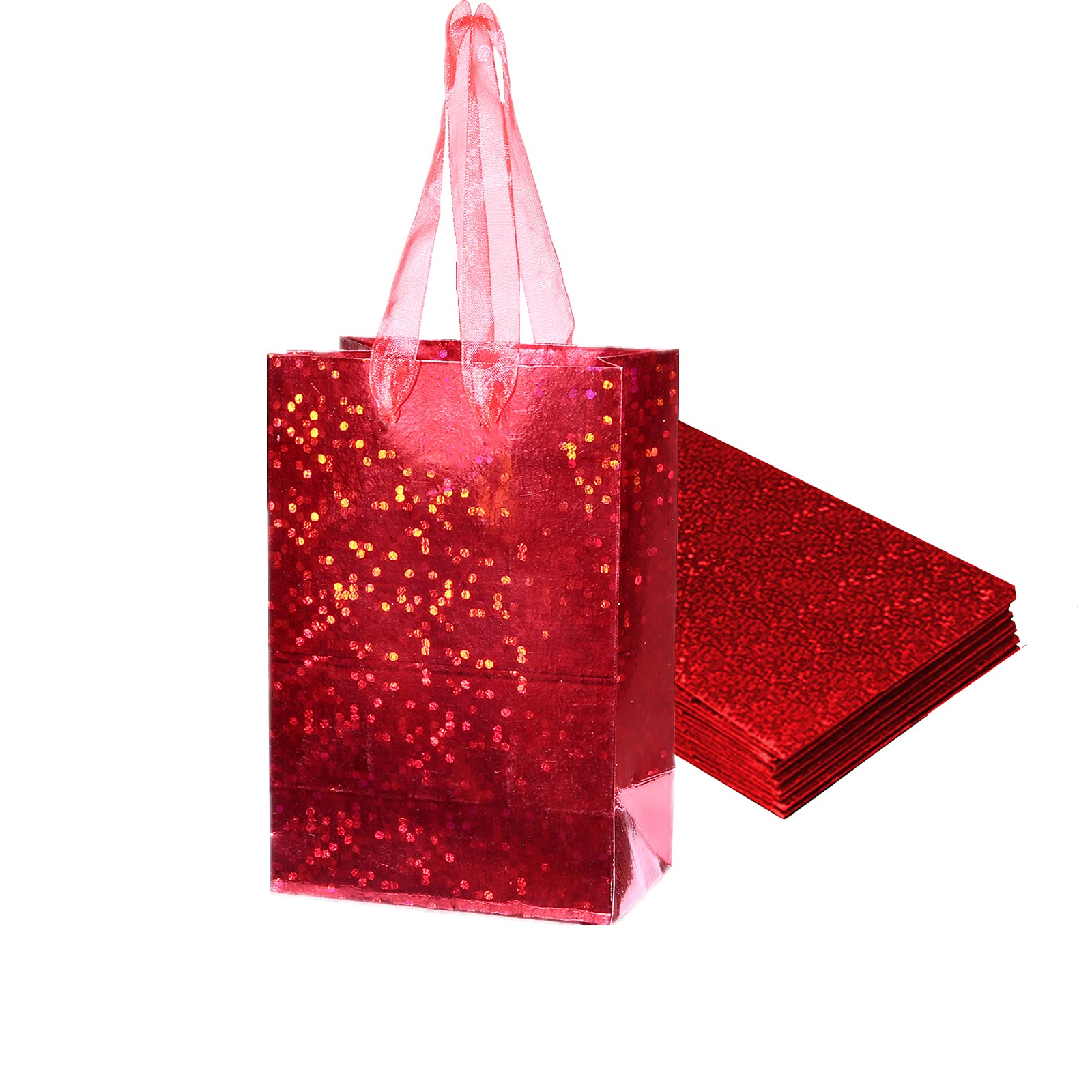 12-Pack Small Holographic Red Foil Gift Bags (4x2.5x6 Inch) - Bulk Party Favor Bags for Candy, Treats, Baby Showers & Small Business - Perfect for Birthdays, Weddings & Retail Packaging