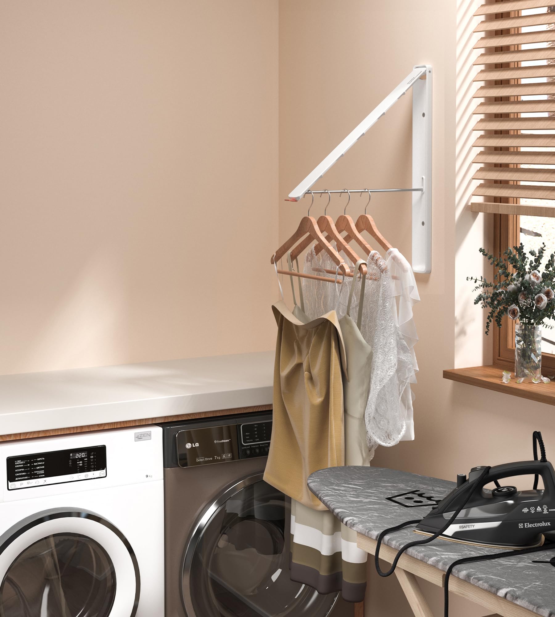 Wall Mounted Retractable Foldable Clothes Drying Rack - Space Saving Laundry Organizer for Dorm, Closet, Balcony & Small Spaces (White Metal, 1 Pack) - Perfect for Apartments & Tight Spaces