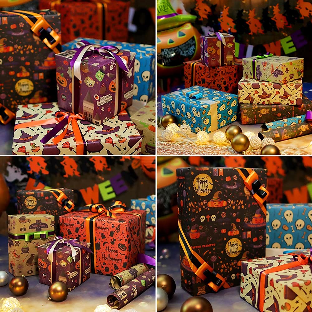 Halloween Gift Wrap Paper - 12 Sheets Eco-Friendly Recycled Kraft Wrapping Paper for Kids (20