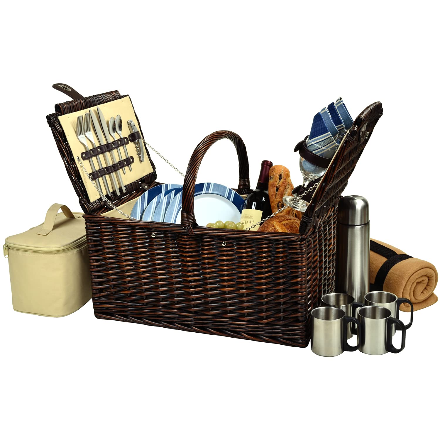 Picnic at Ascot Buckingham Willow Picnic Basket for 4 - Blue Stripe with Blanket & Coffee Set | Perfect for Outdoor Dining, Beach Picnics & Romantic Getaways
