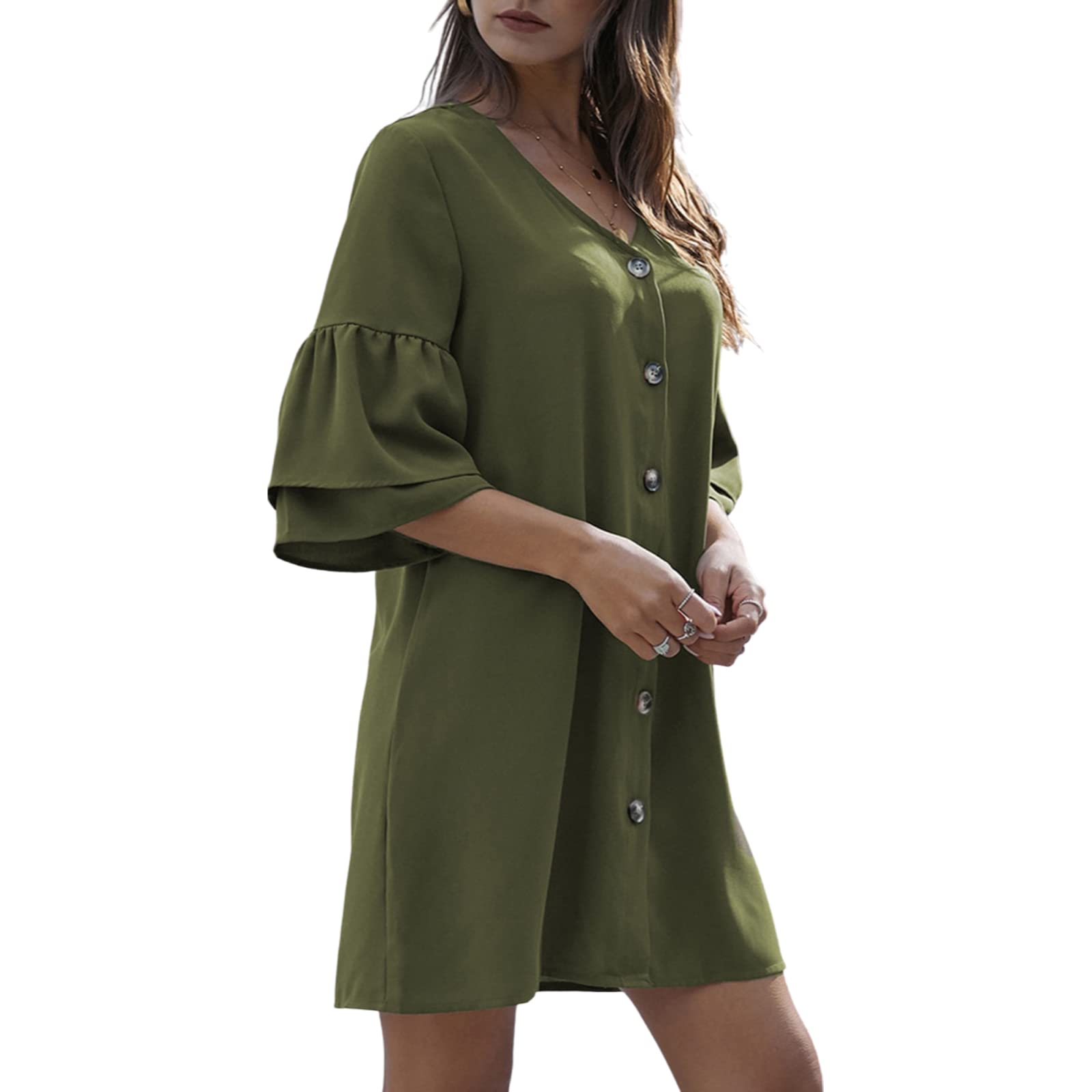 Women's Summer Casual Short Sleeve Button Down V-Neck Swing Dress - Loose Fit Solid Color Tunic Shirt Mini Dress for Beach, Vacation & Everyday Wear