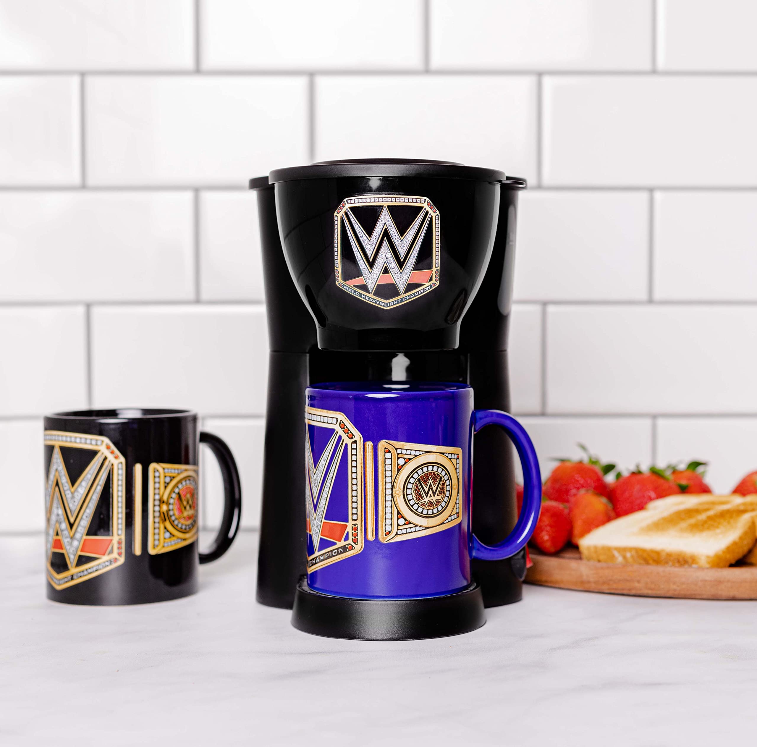 Uncanny Brands WWE Single Serve Coffee Maker Gift Set with 2 Champion Mugs - Perfect for Wrestling Fans & Coffee Lovers - Great for Home, Office & WWE Viewing Parties