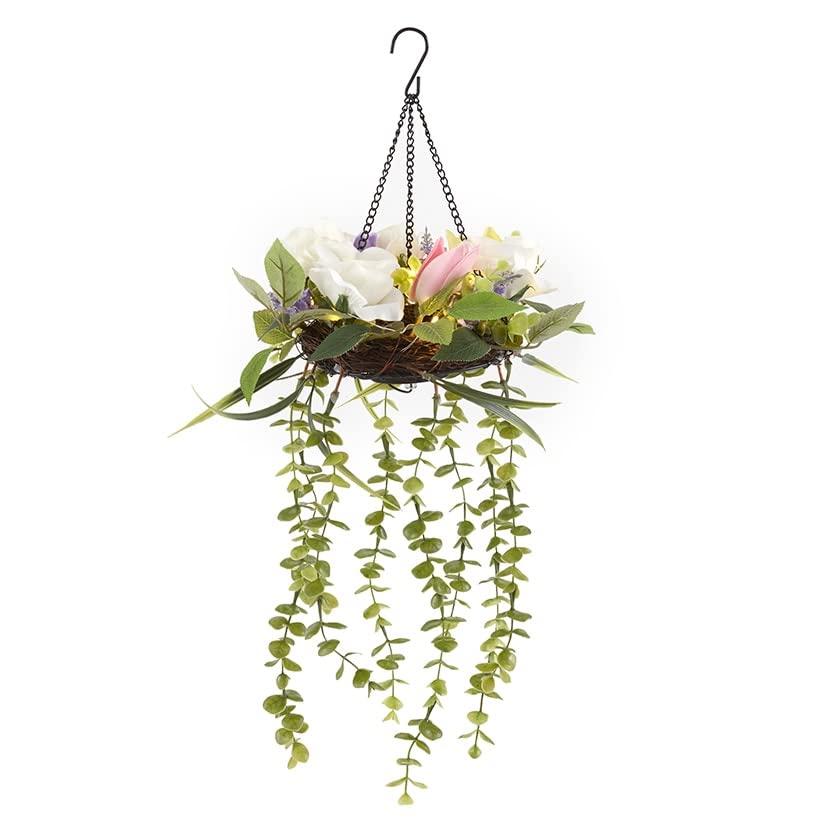 Solar Hanging Flower Arrangement - Greenery with LED Lights for Spring - Outdoor Garden Decor, Patio, Balcony